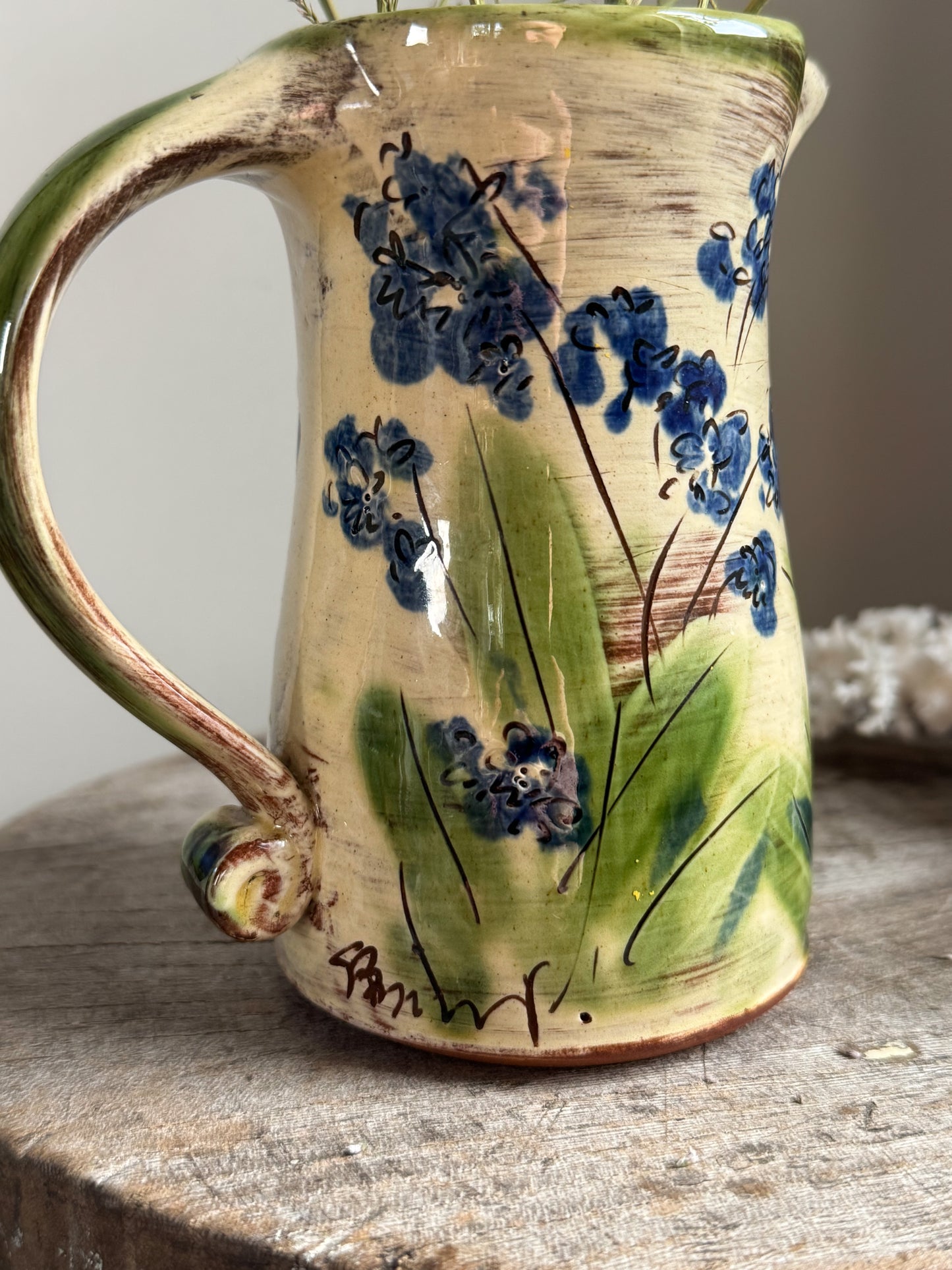 Vintage Handmade Studio Pottery Slipware Bluebells Jug