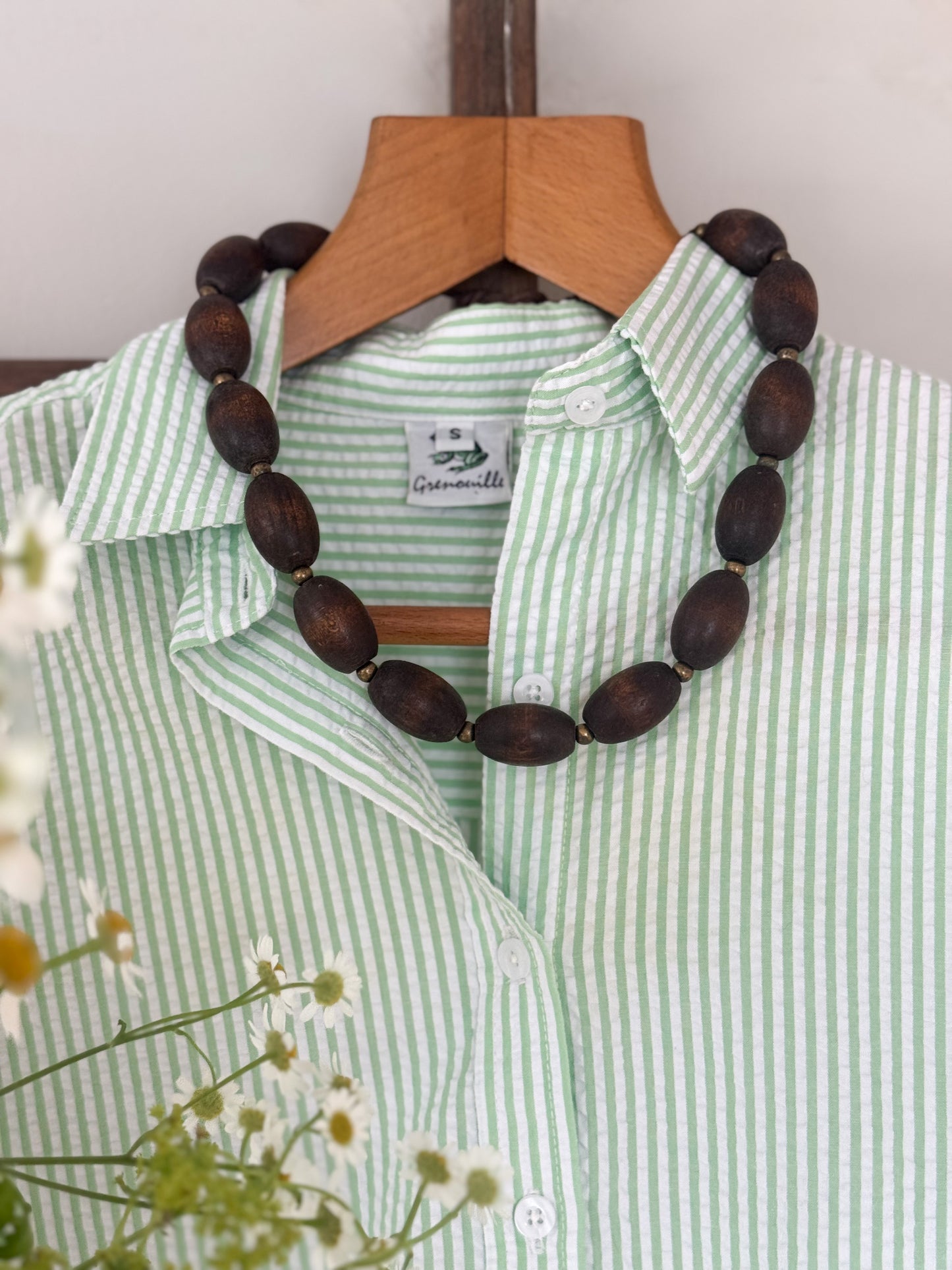 Vintage Wood & Brass Beaded Necklace