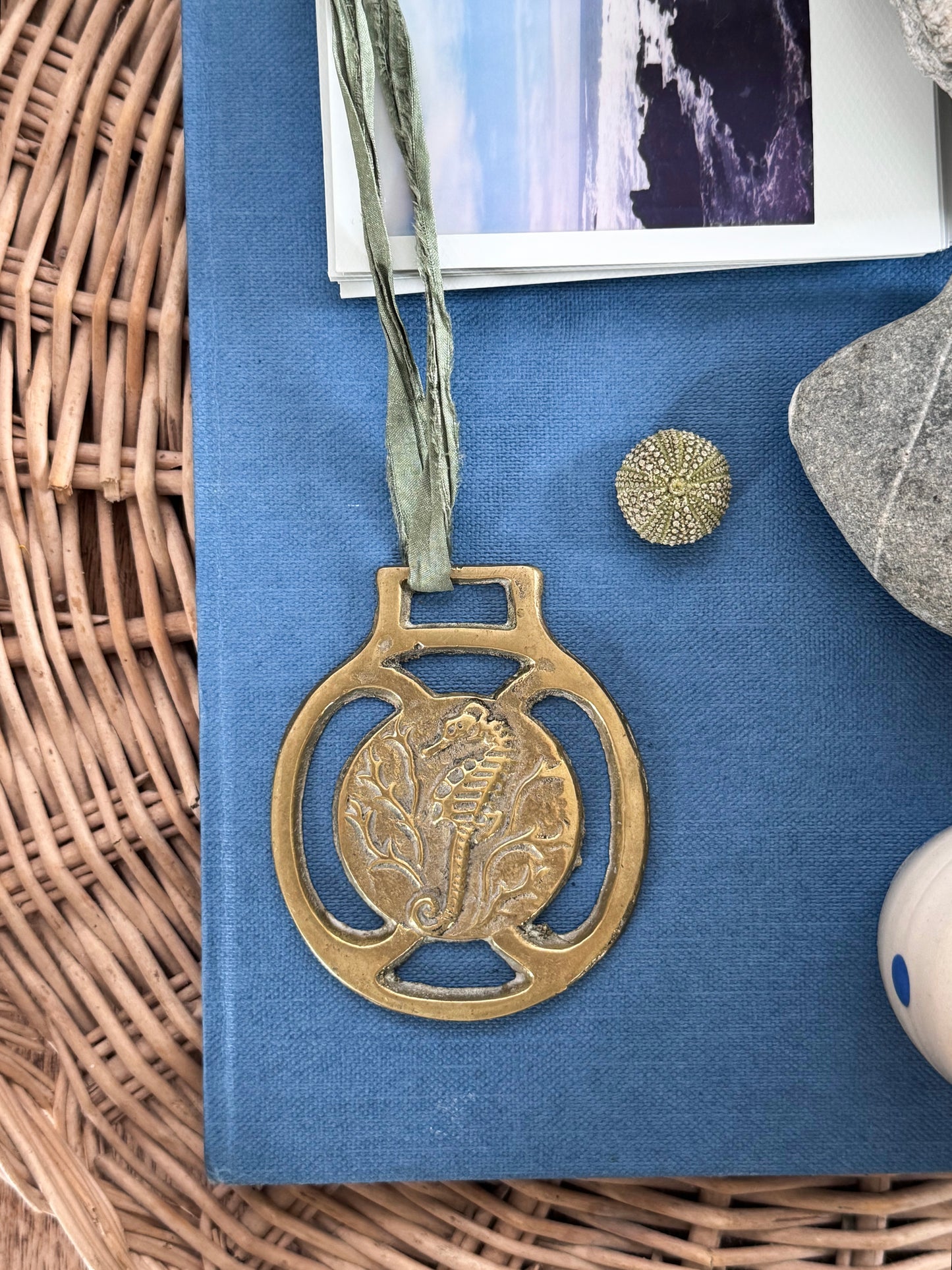 Vintage Brass Seahorse Horse Brass with Silk Ribbon