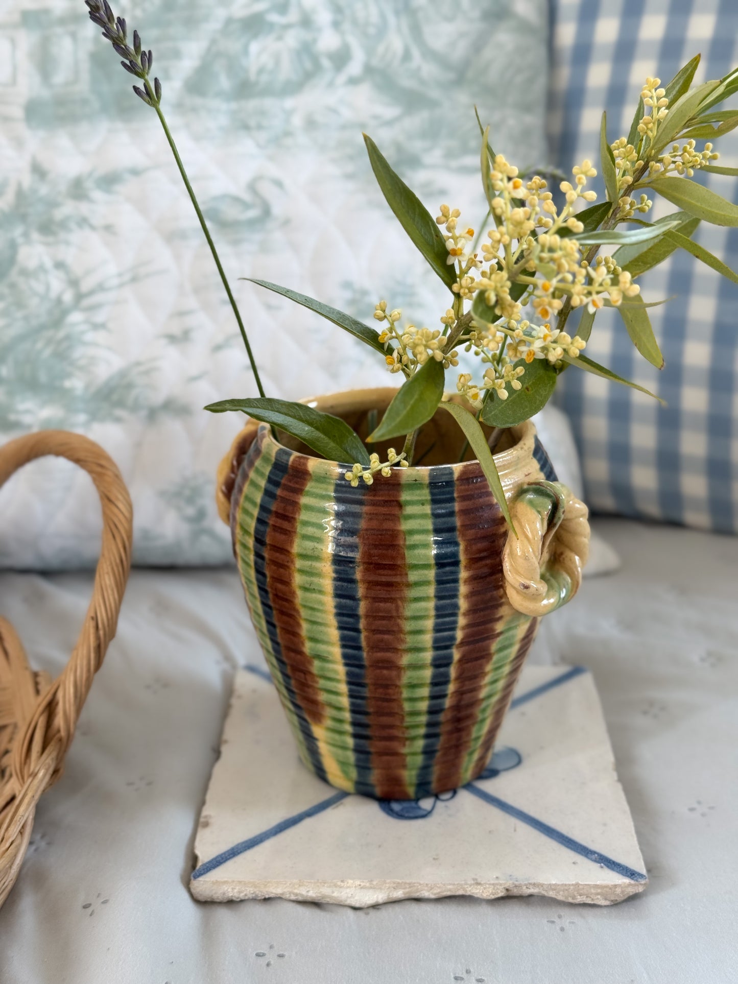 Antique French Drip Glaze Pot with Roped Handles