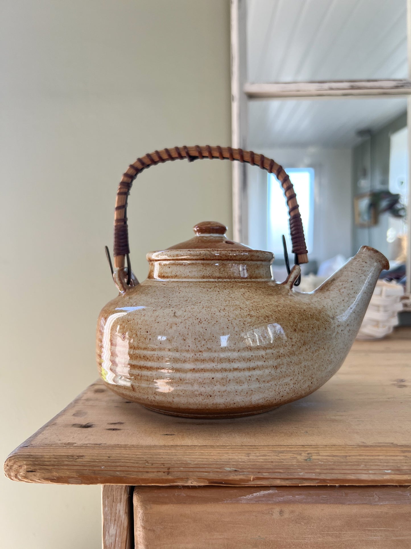 Vintage French Studio Pottery Wicker Handled Teapot