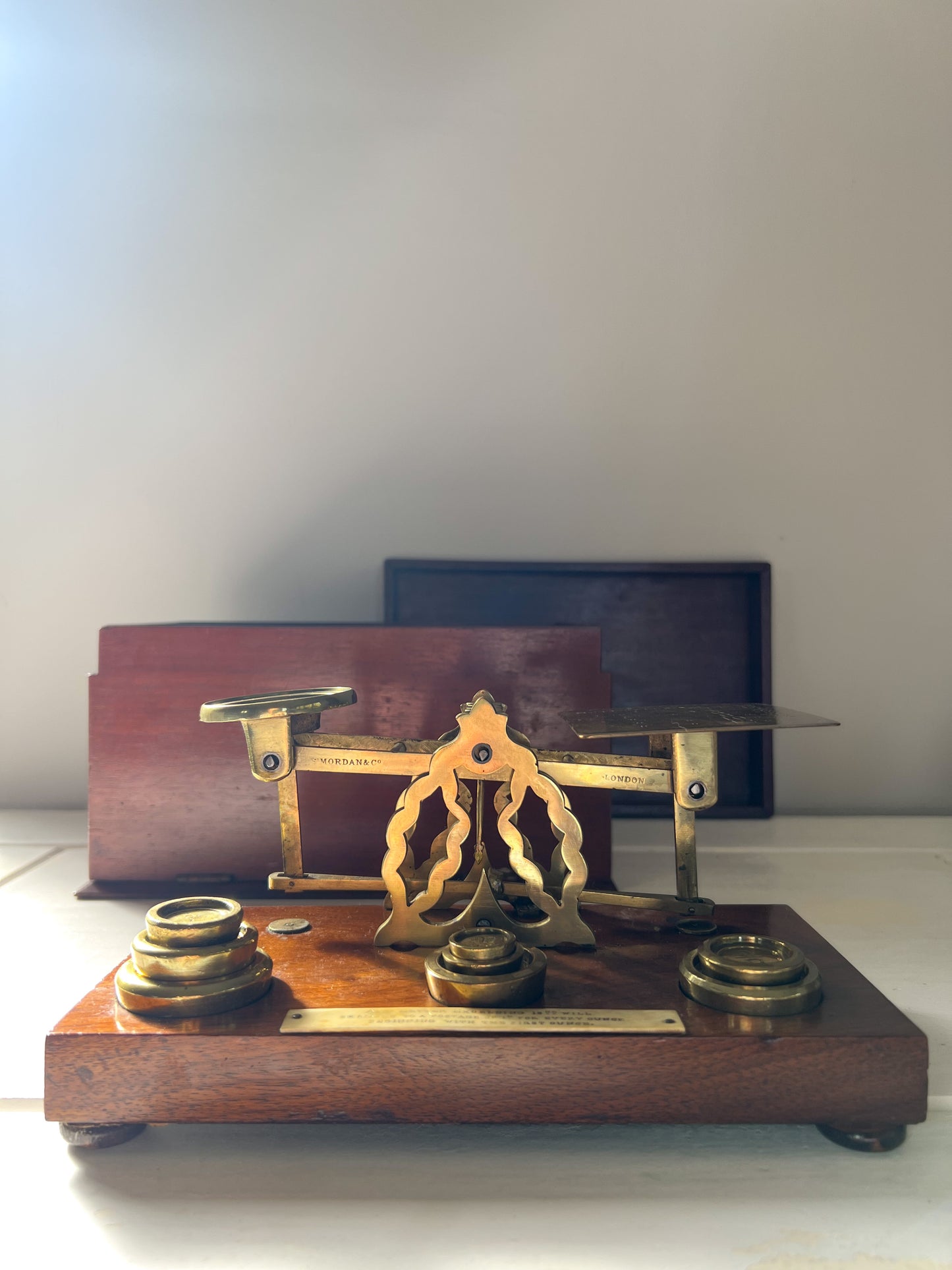 Antique Mordan & Co London Post Office Scales with Original Wooden Box