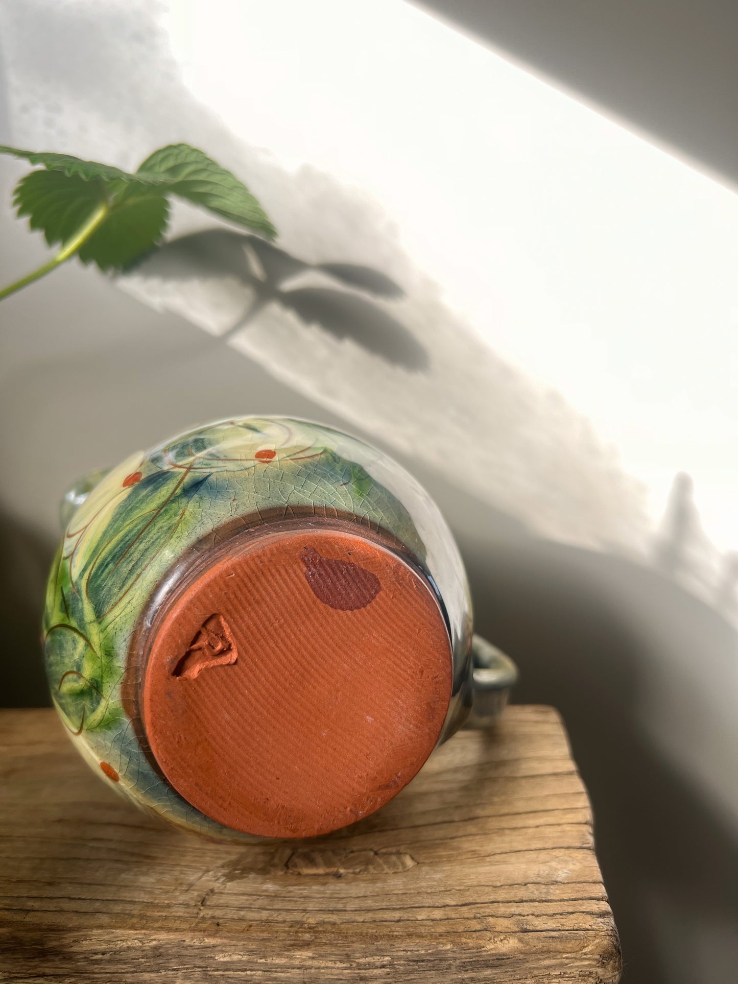 Studio Pottery Floral Terracotta Slipware Jug