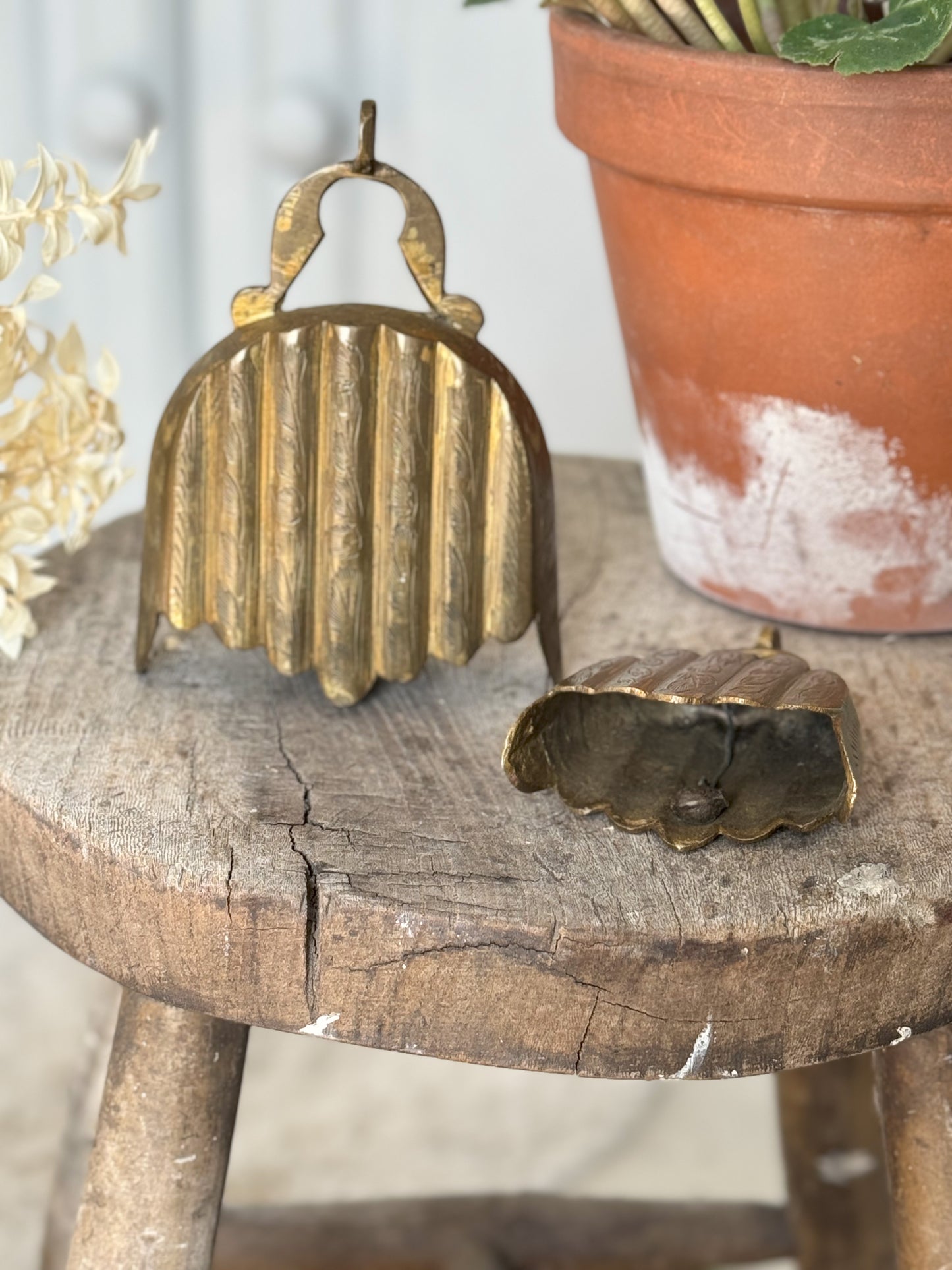 Pair of Vintage Scalloped Brass Etched Bells
