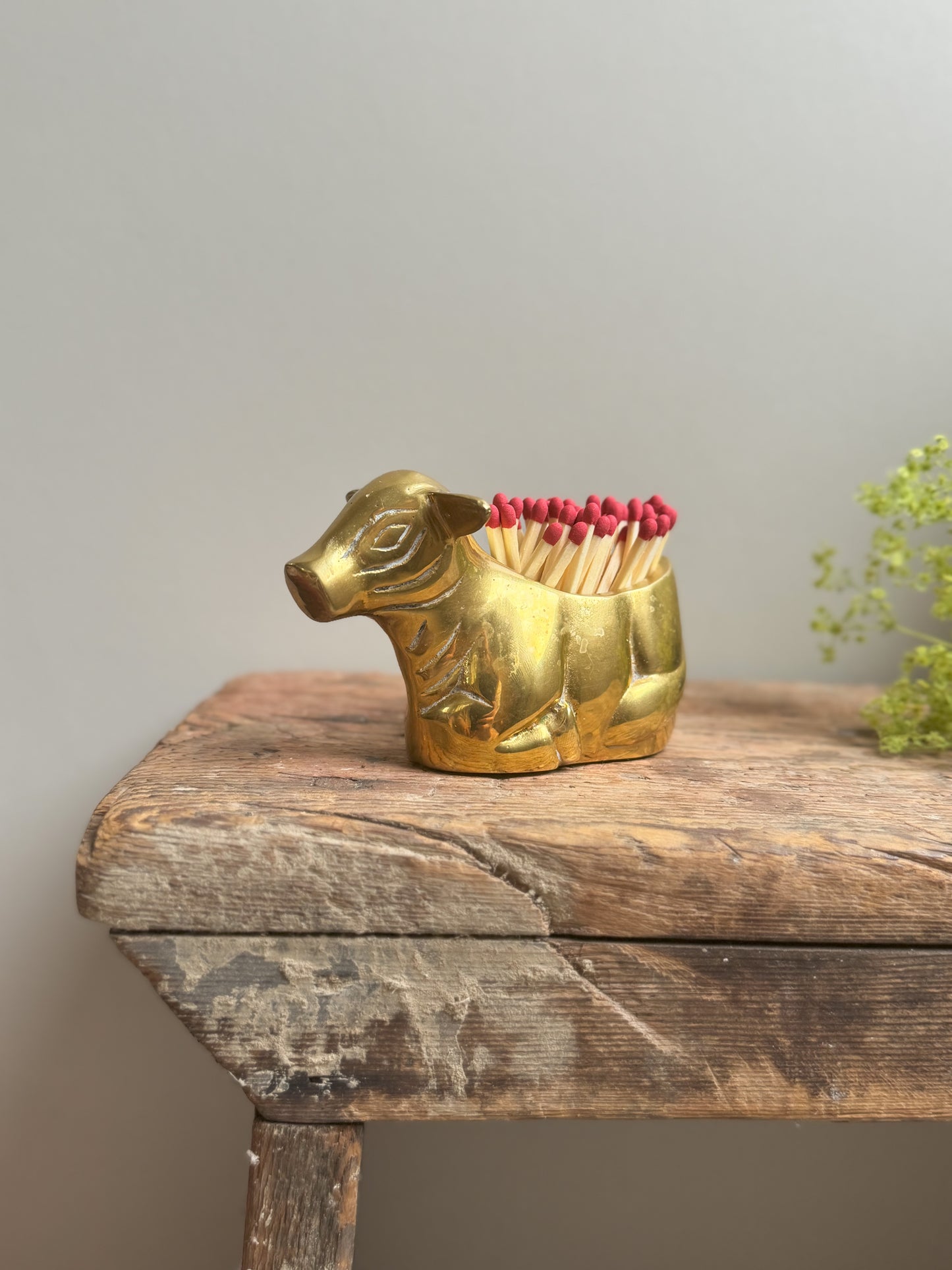 Vintage Solid Brass Cow Shaped Match Pot
