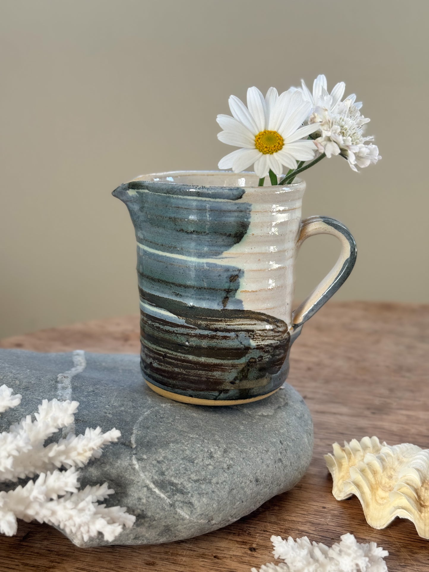Vintage Studio Blue Pottery Brushstroke Creamer Jug - Sea Wave Glaze