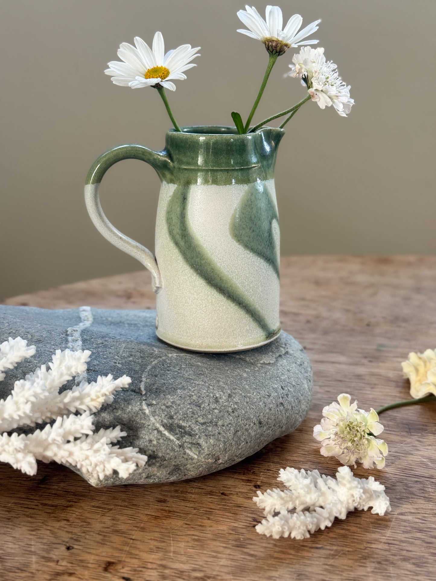 Vintage Studio Pottery Creamer Jug - Olive Green Drip Glaze