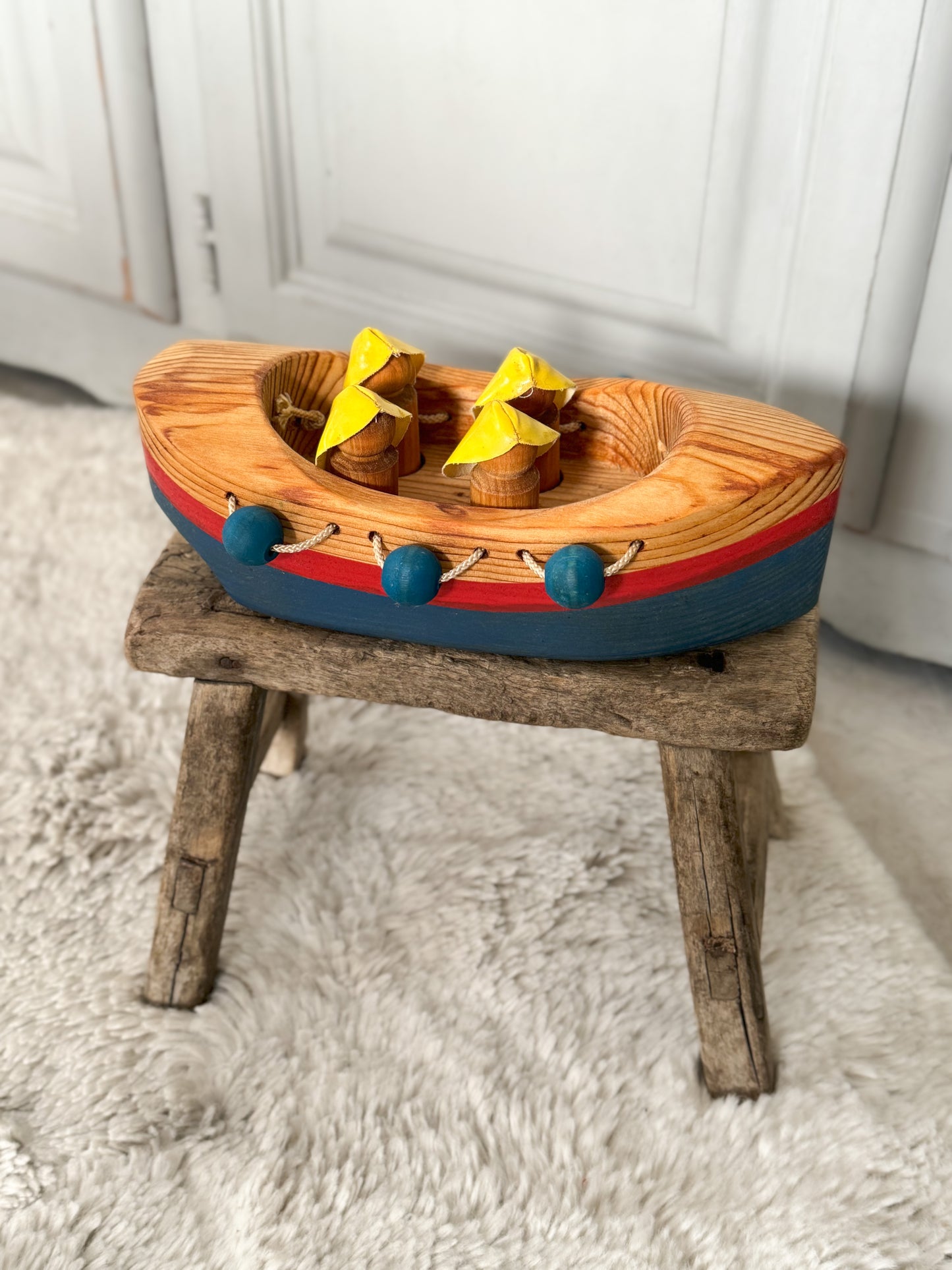 Vintage Wooden Toy Boat with Fishermen