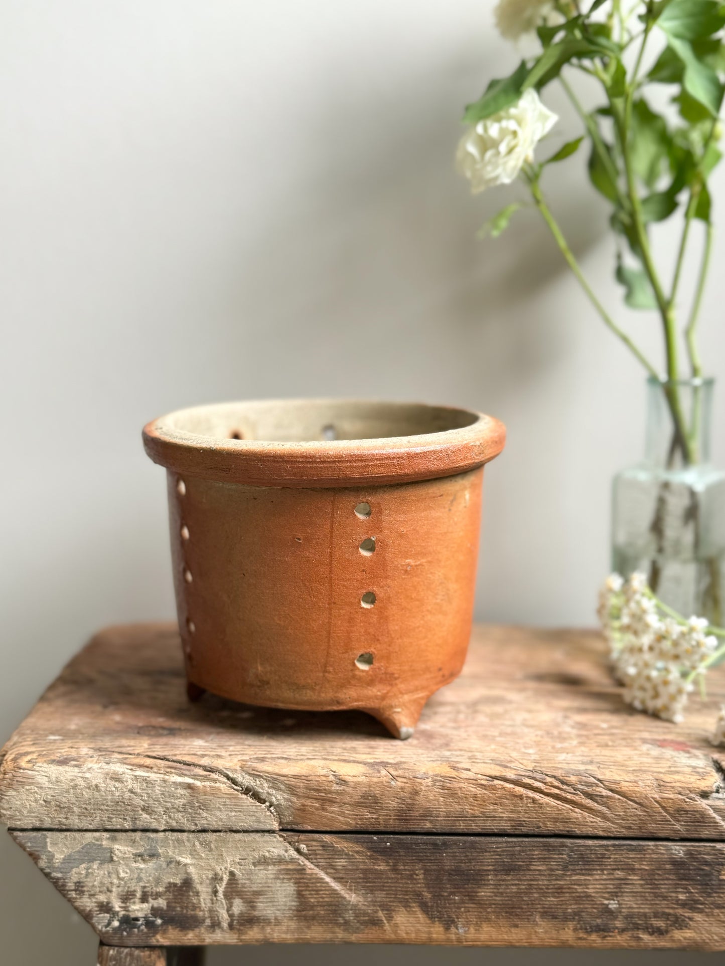 Antique French Glazed Earthenware Pedestal Cheese Strainer • Colander