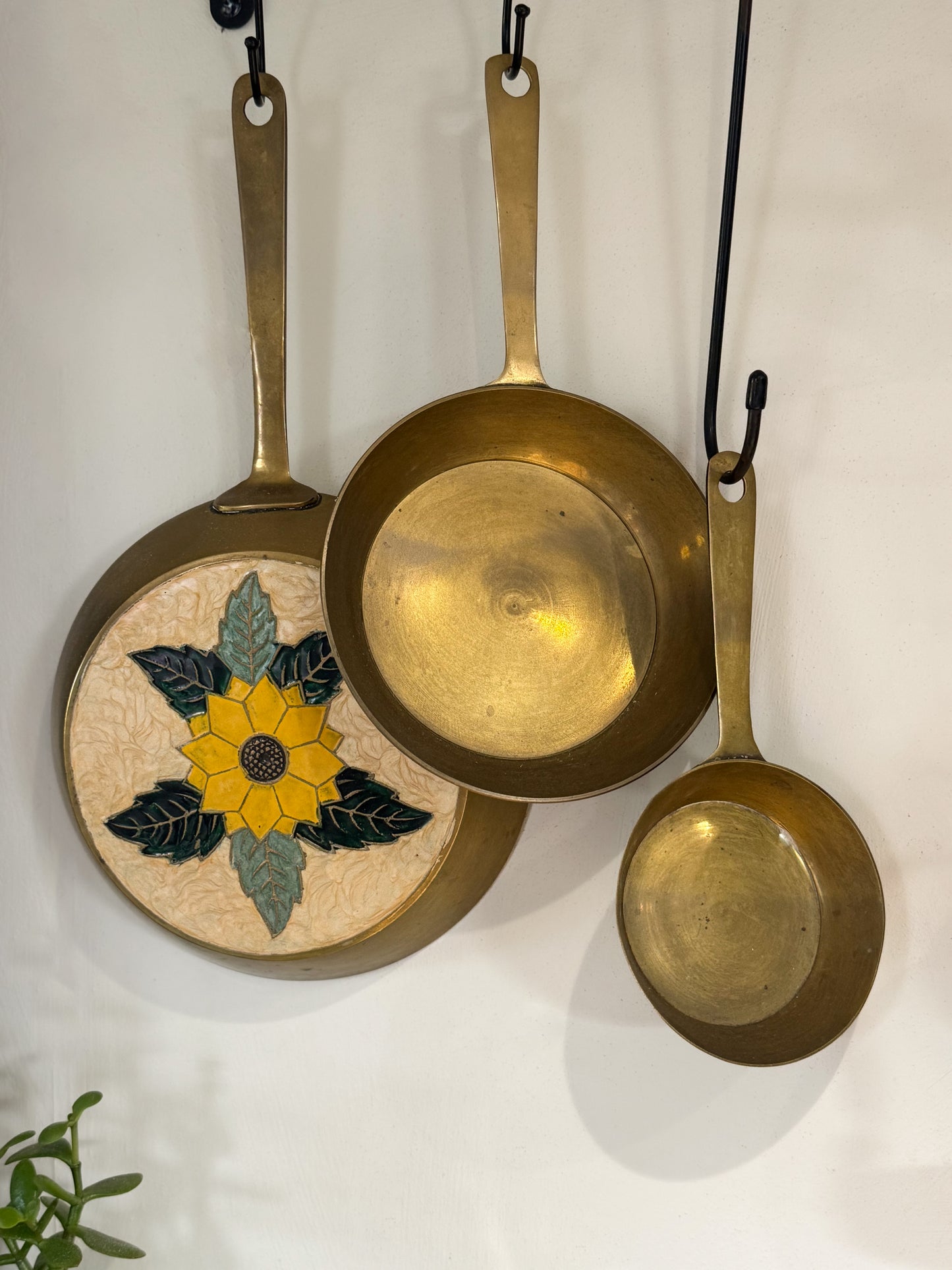 Vintage Solid Brass Graduating Pans with Enamel Sunflower Design (Set of 3)