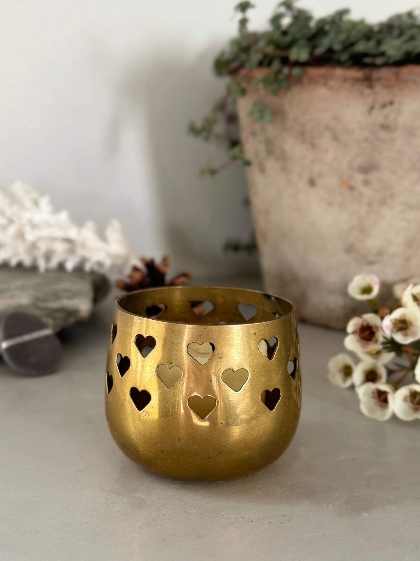 Vintage Solid Brass Hearts Tealight Holder