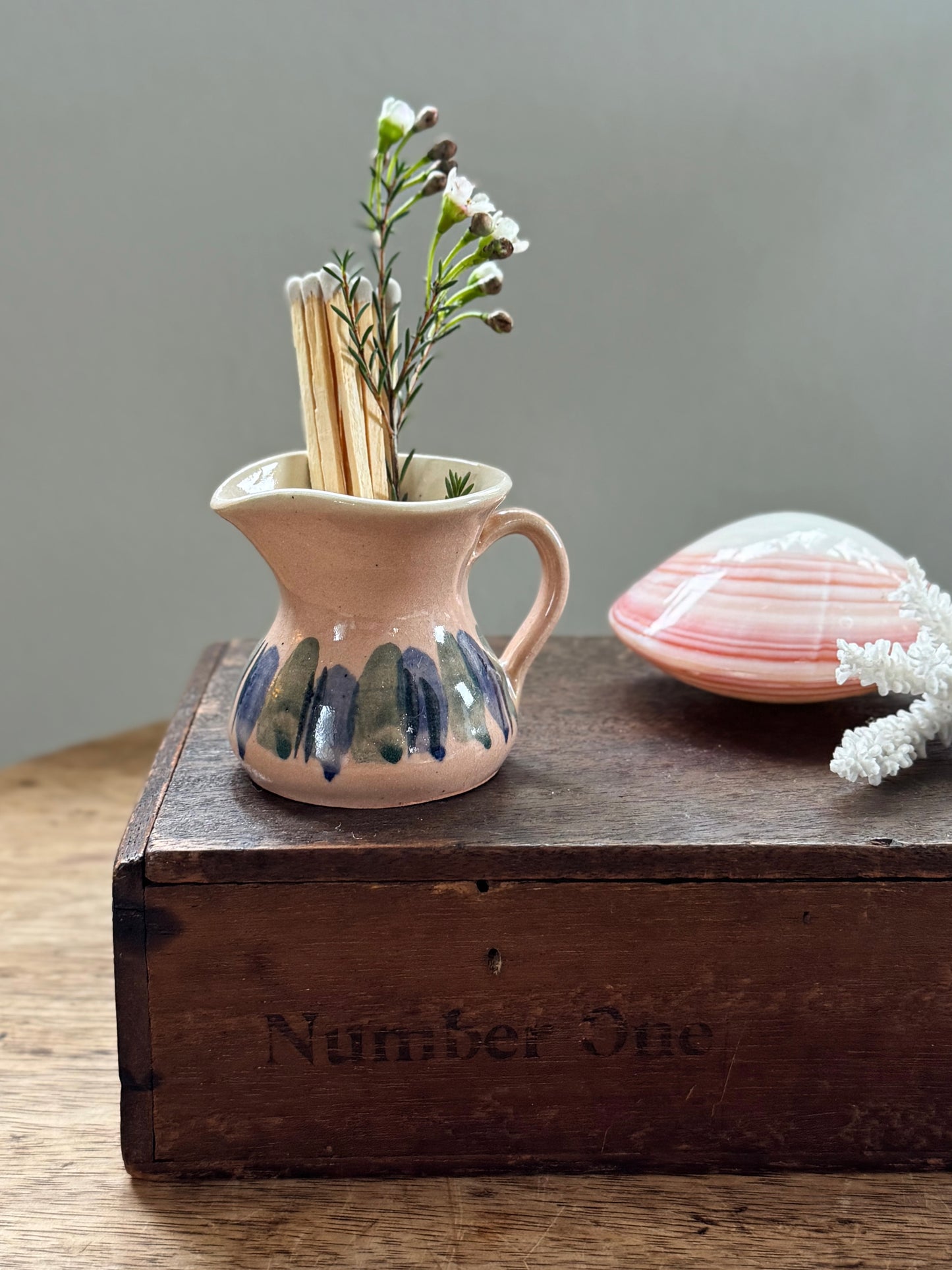 Vintage Studio Pottery Creamer - Blush Pink with Blue and Green Brushstrokes