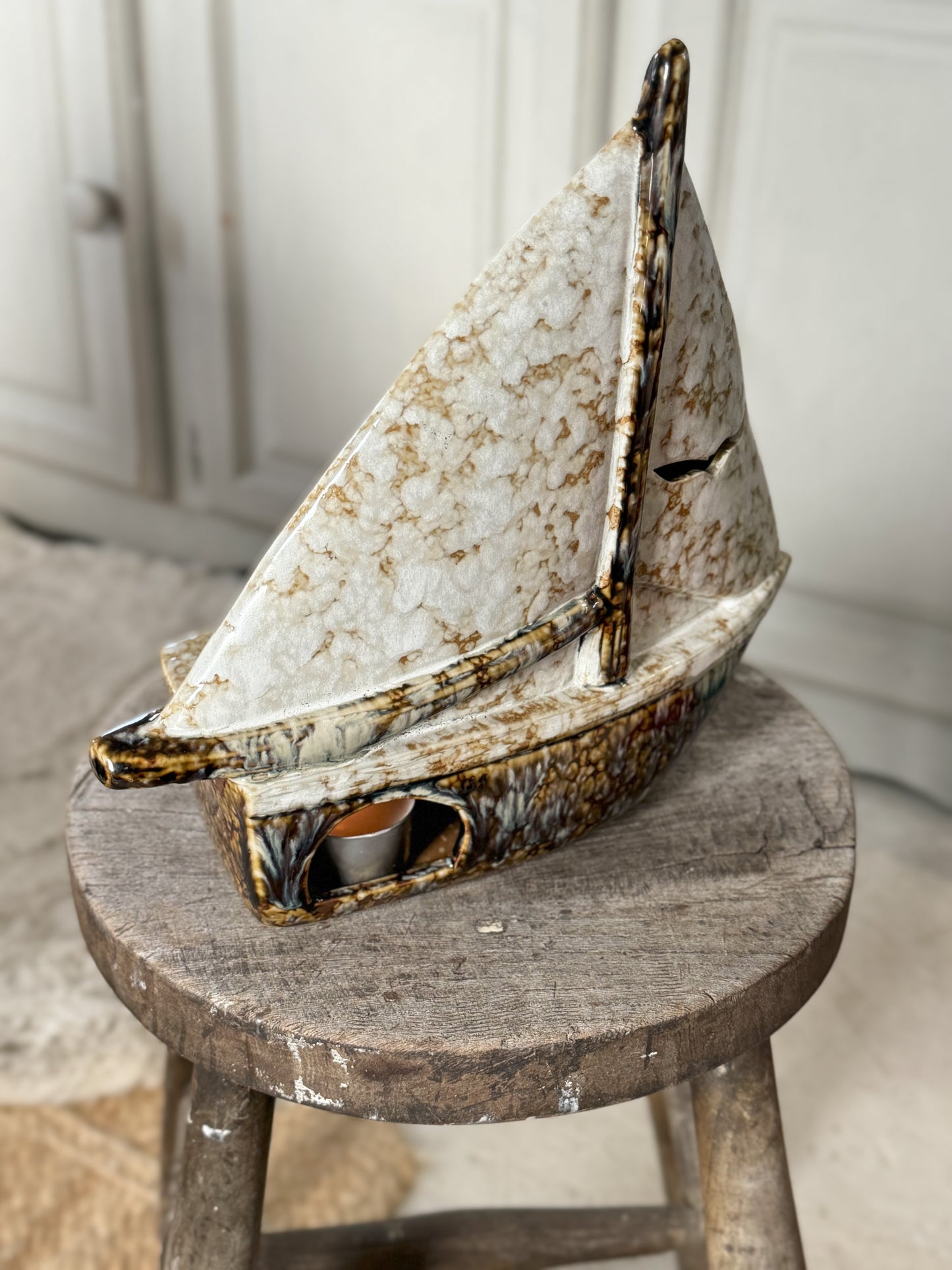 Vintage Studio Pottery Sailing Boat Sculpture | Tealight Holder