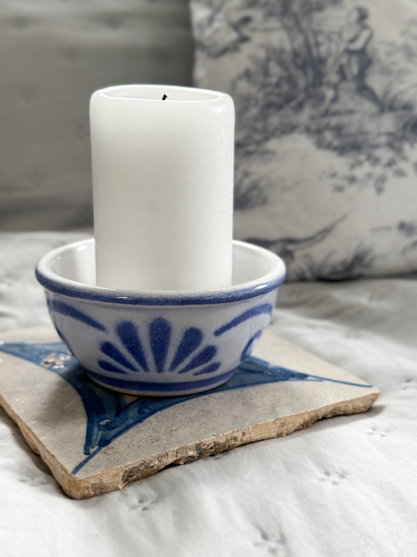 Vintage German Studio Pottery Bowl | Blue Fan Motif