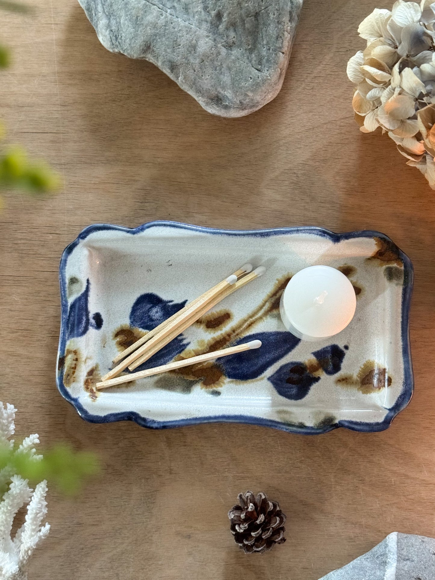Vintage Studio Pottery Blue Floral Tray
