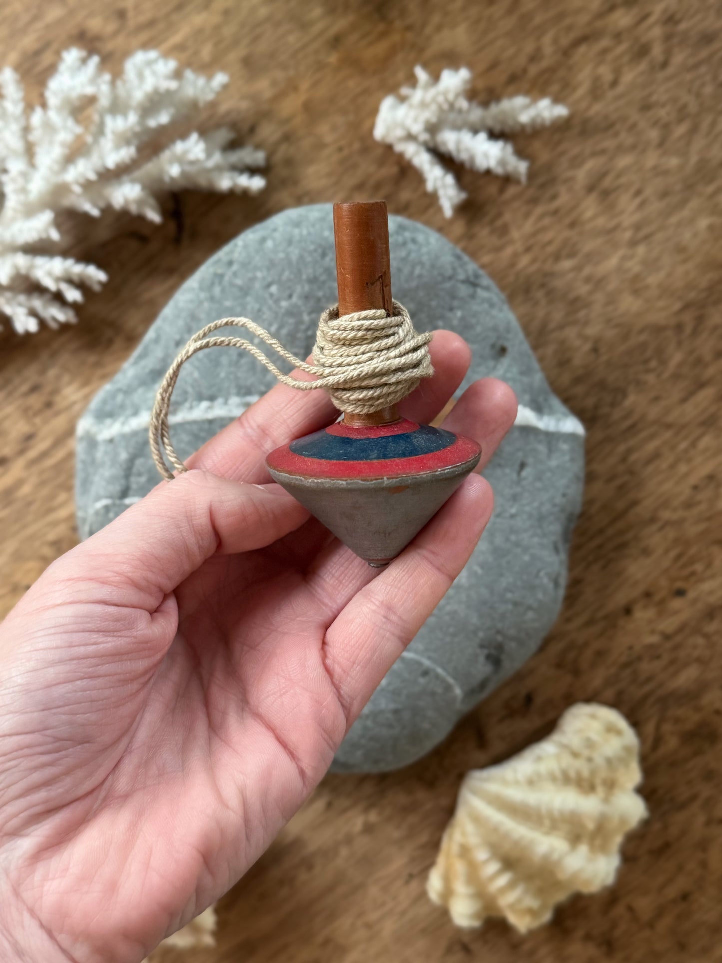 Vintage Handmade Wooden Spinning Top with String