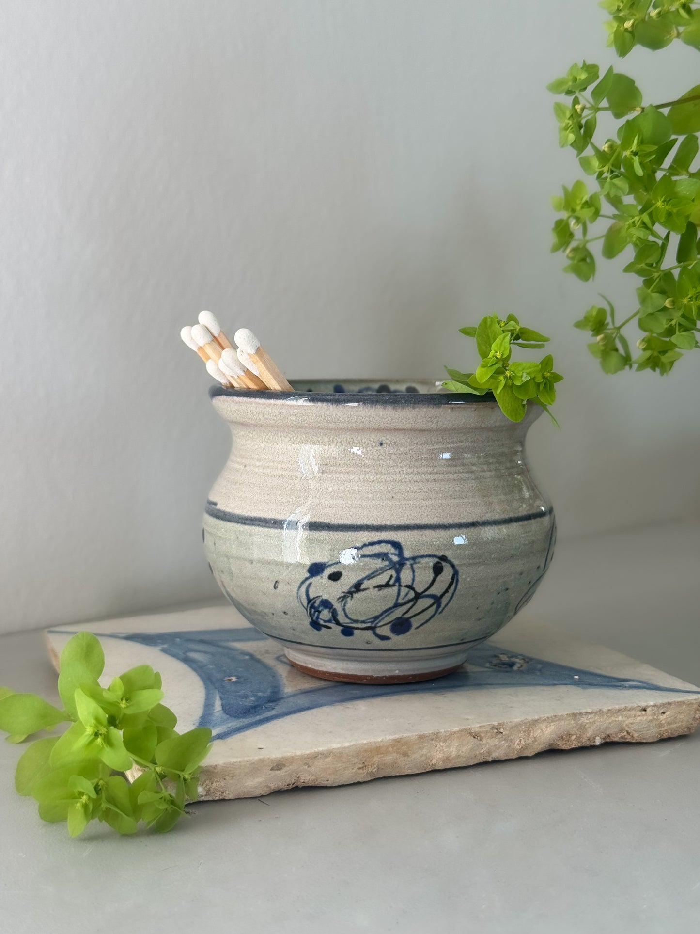 Vintage Abstract Studio Pottery Pot - Blue, Green & Speckled Grey Glaze