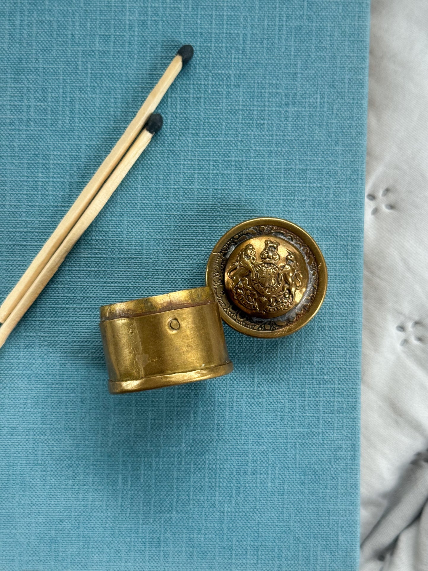 Antique WWI Solid Brass Trench Art Miniature Box with Royal Coat of Arms Button Lid