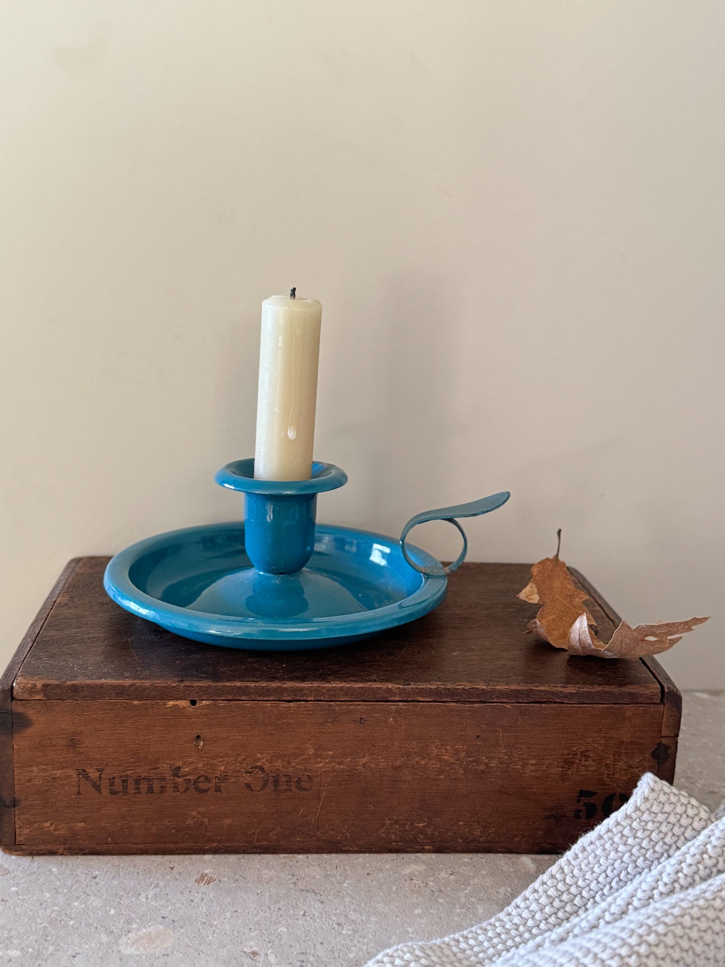 Vintage French Enamel Chamberstick - Vibrant Blue