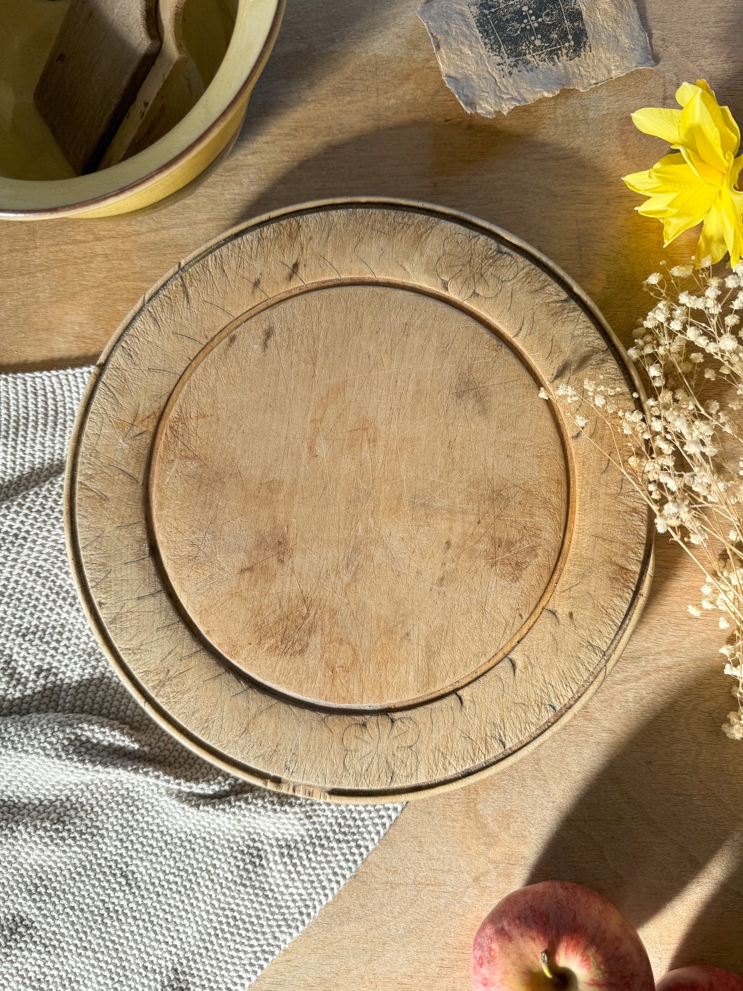 Antique Carved Sycamore Bread Board • Floral Design