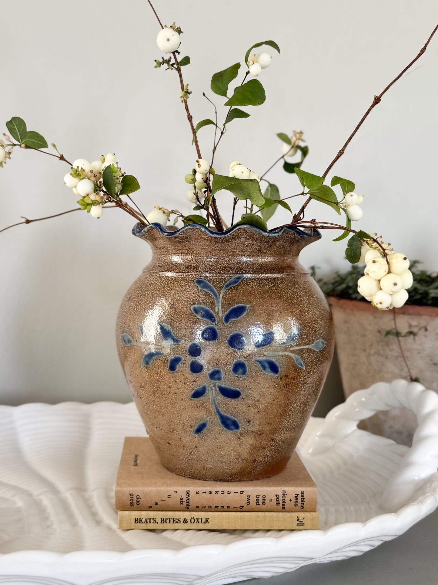 Antique French Glazed Stoneware Vessel with Blue Floral Design and Scalloped Rim