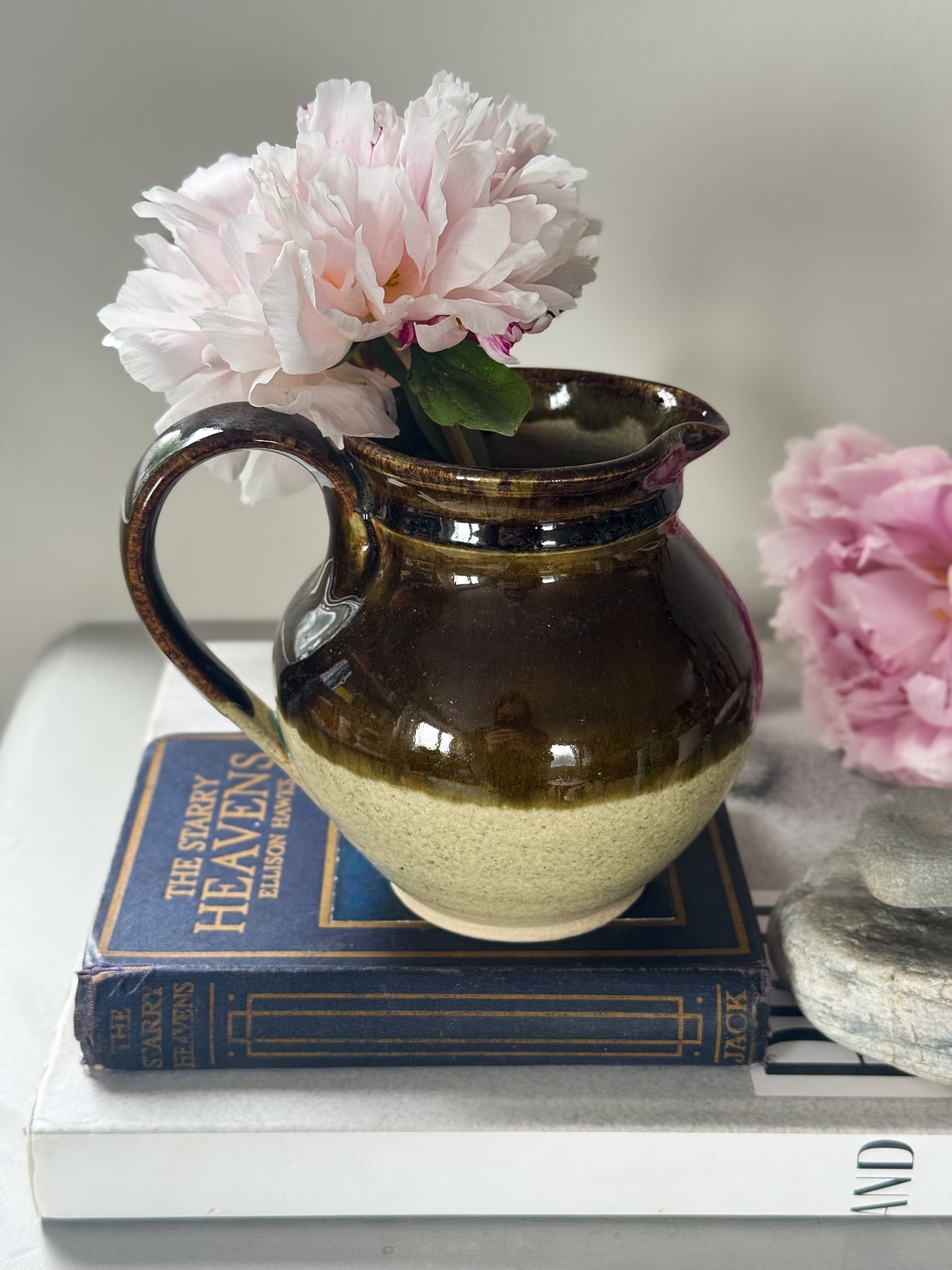 Vintage Two-Tone Studio Pottery Jug, Olive Green & Oat