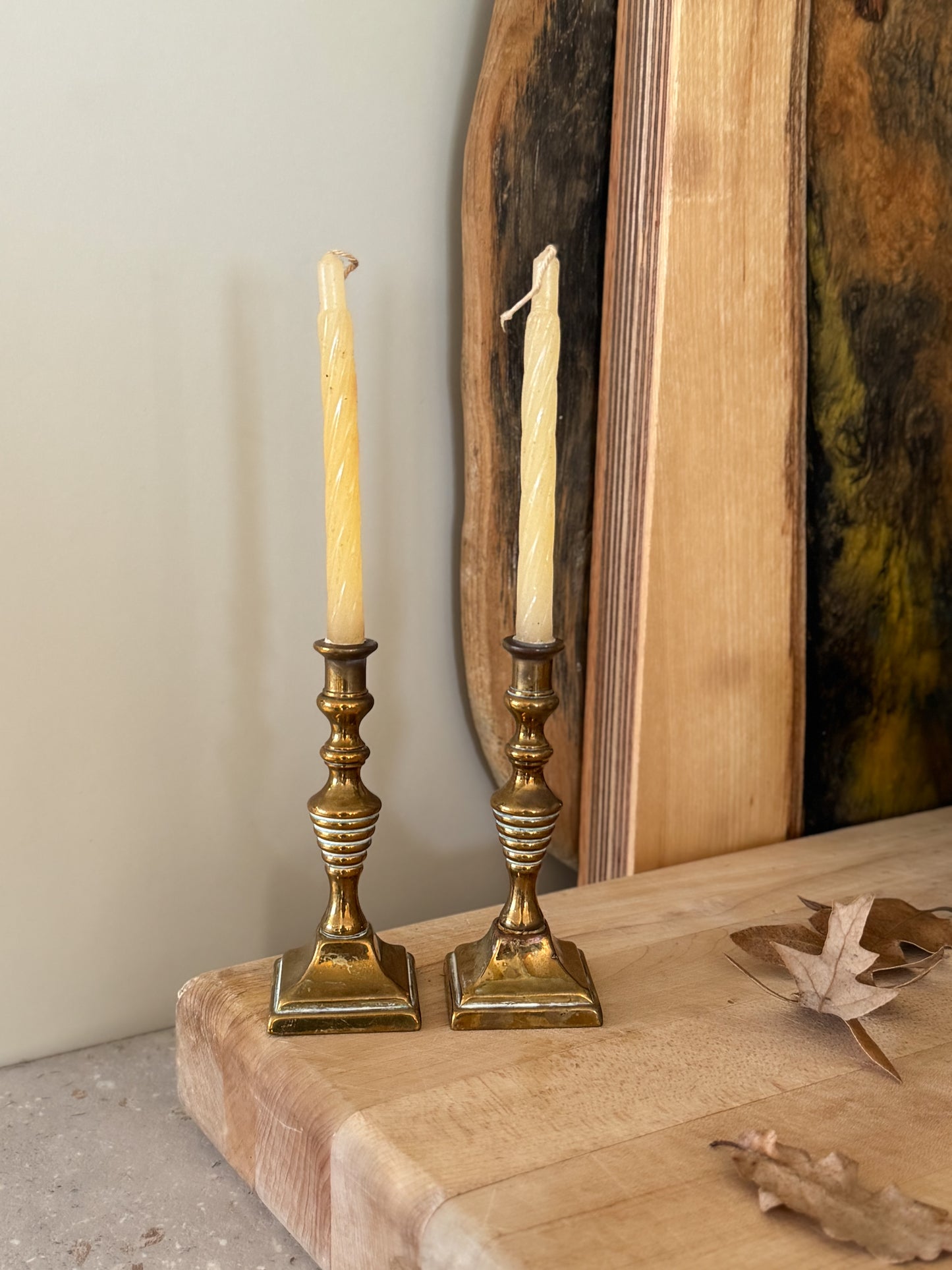 Vintage Pair of Solid Brass Miniature Beehive Candlesticks