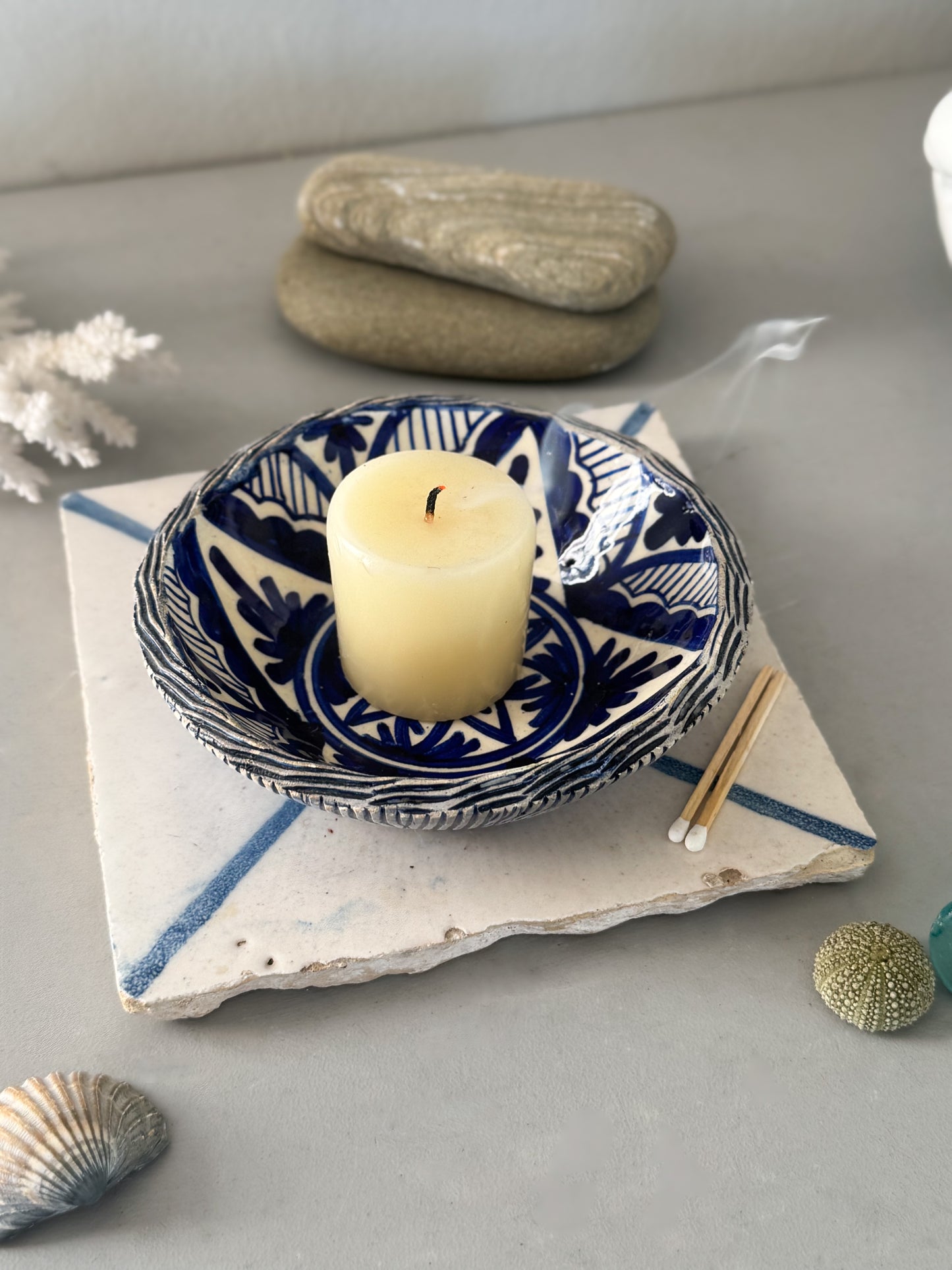 Vintage Blue & White Glazed Bowl Trinket with Lattice Detailing