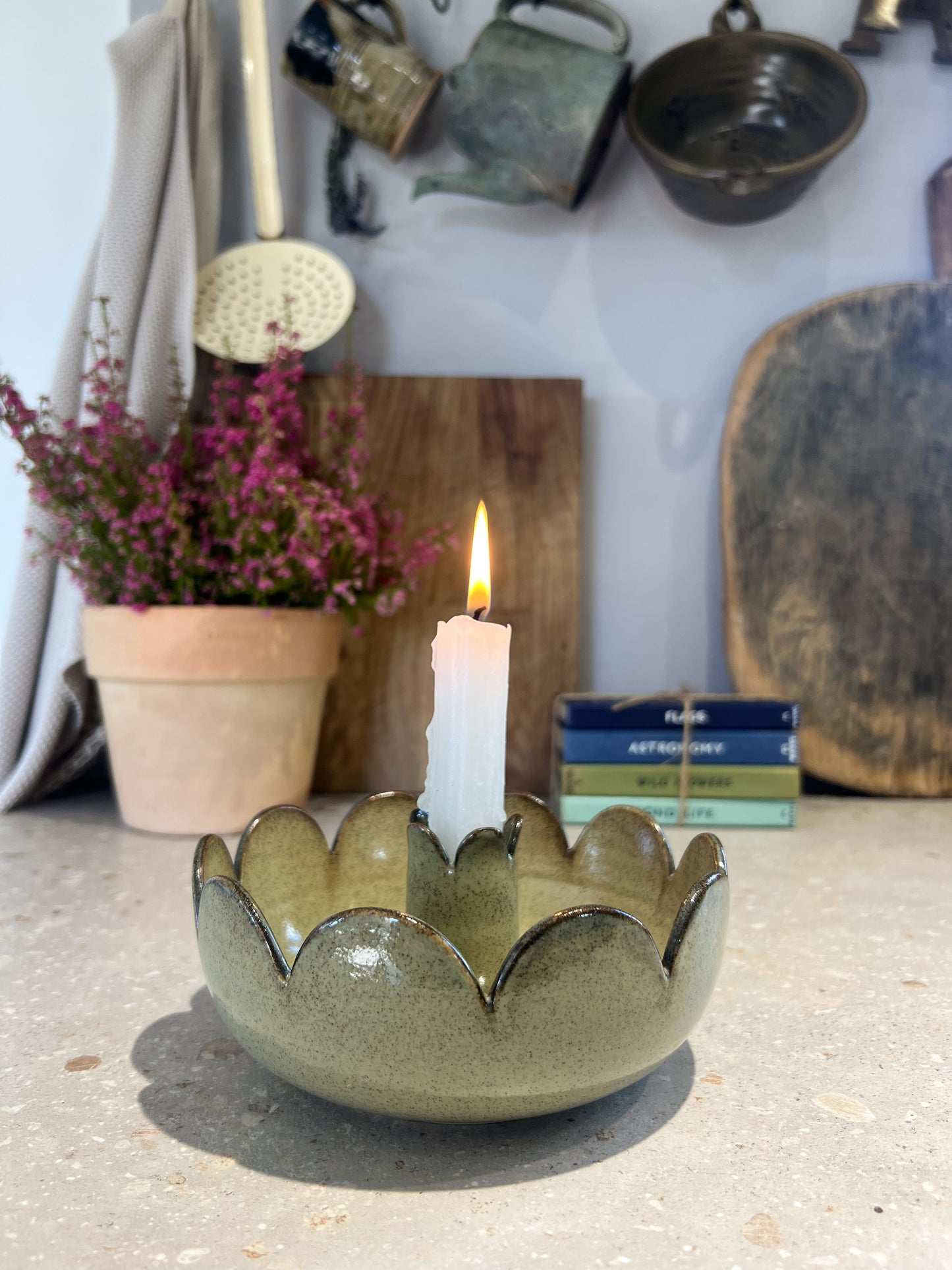 Jersey Pottery Green Scalloped Ceramic Candle-Holder
