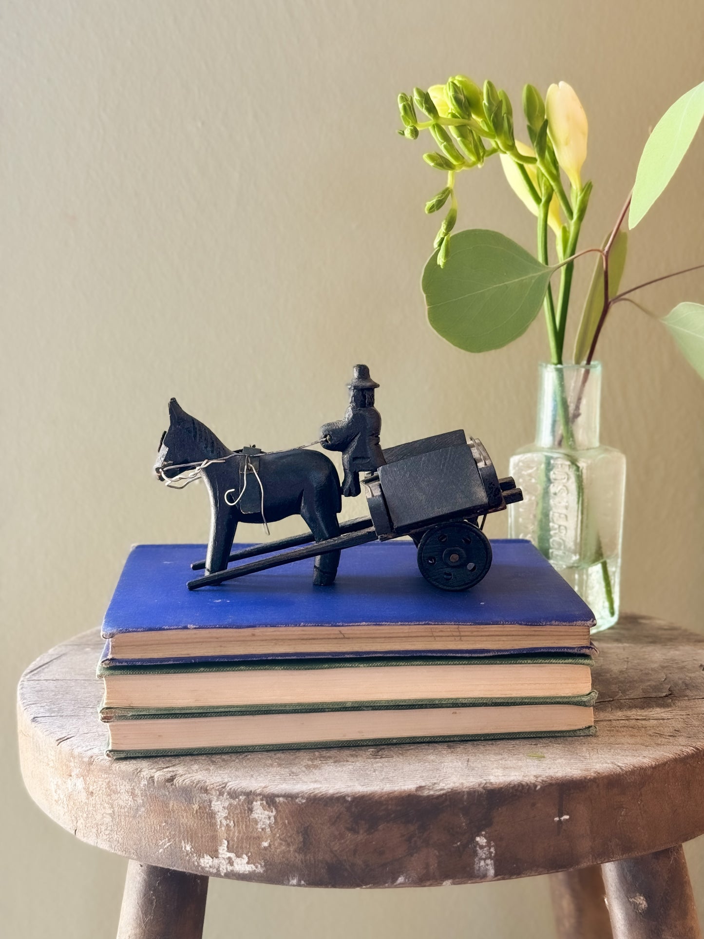 Antique Irish Bog Oak (Petrified Wood) Handmade Folk Art Horse & Cart