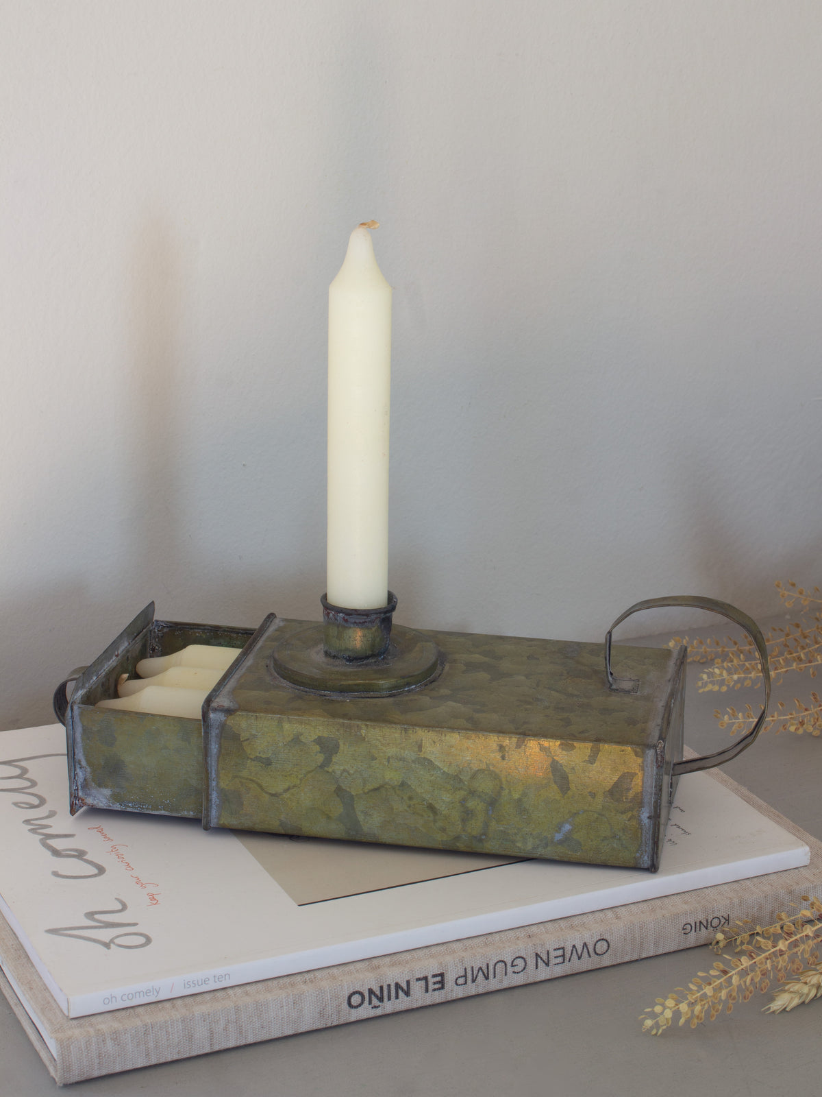 Vintage Tin Chamberstick with Candle Drawer