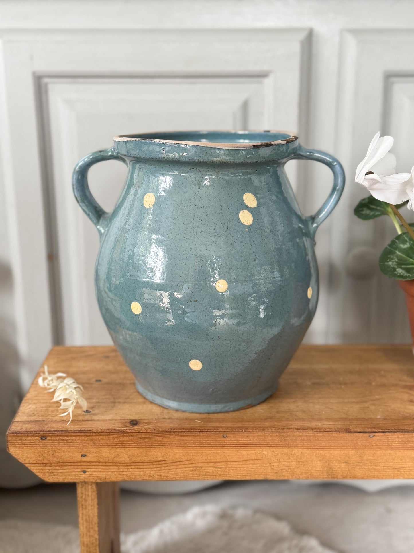Vintage 20th Century Large Hungarian Blue Polka Dot Handled Terracotta Pot