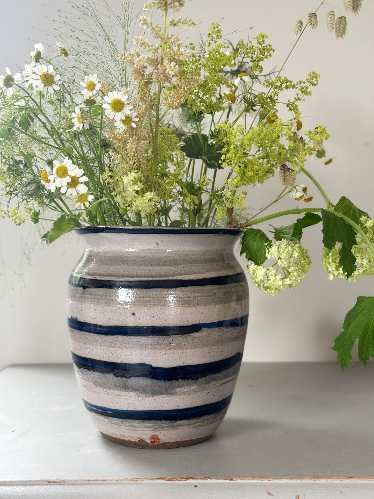Large Studio Pottery Blue & Grey Striped Pot • Vase