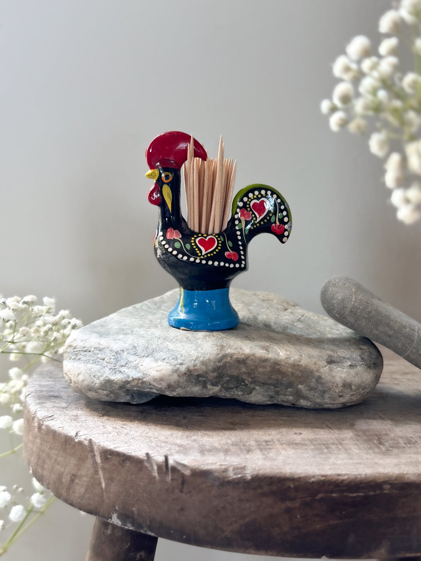 Vintage Enamel Portuguese Cockerel Pot • Match Pot, Cocktail Stick Holder