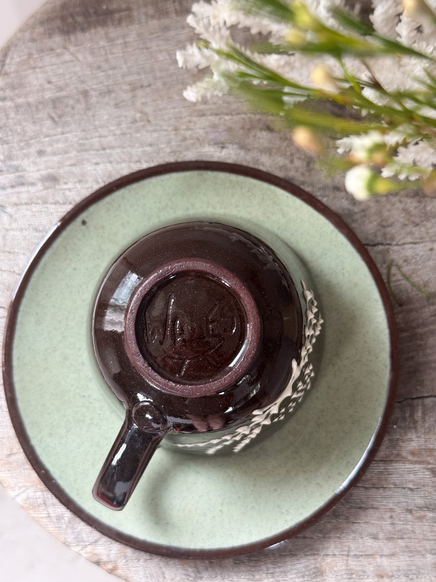 Rare Welsh Powell Pottery Slipware Cup & Saucer, Llangollen, Mid-1950s, Rhys & Jean Powell