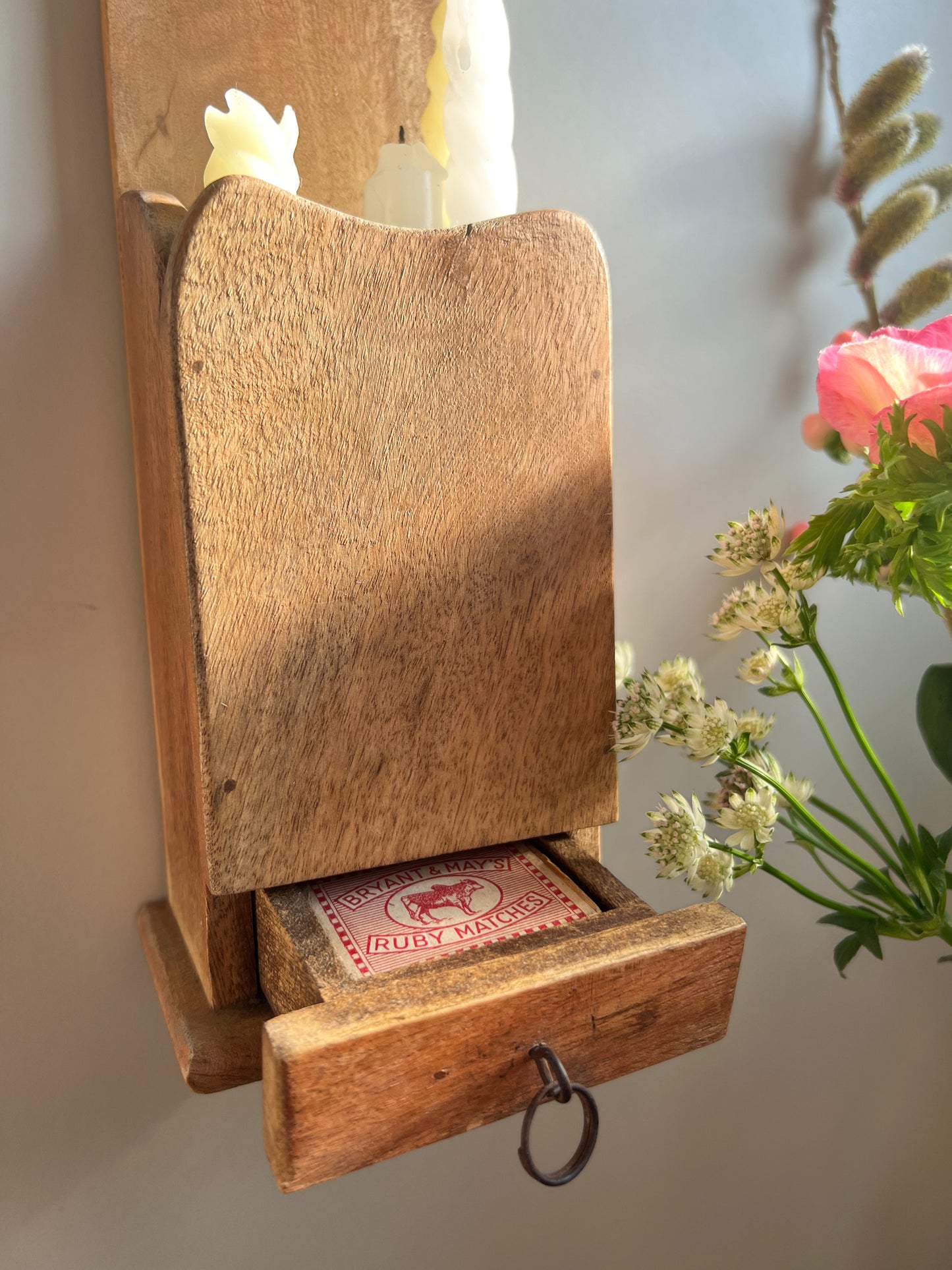 Vintage Hand-carved Bow Detail Candle Box with Match Box Drawer • Made in India