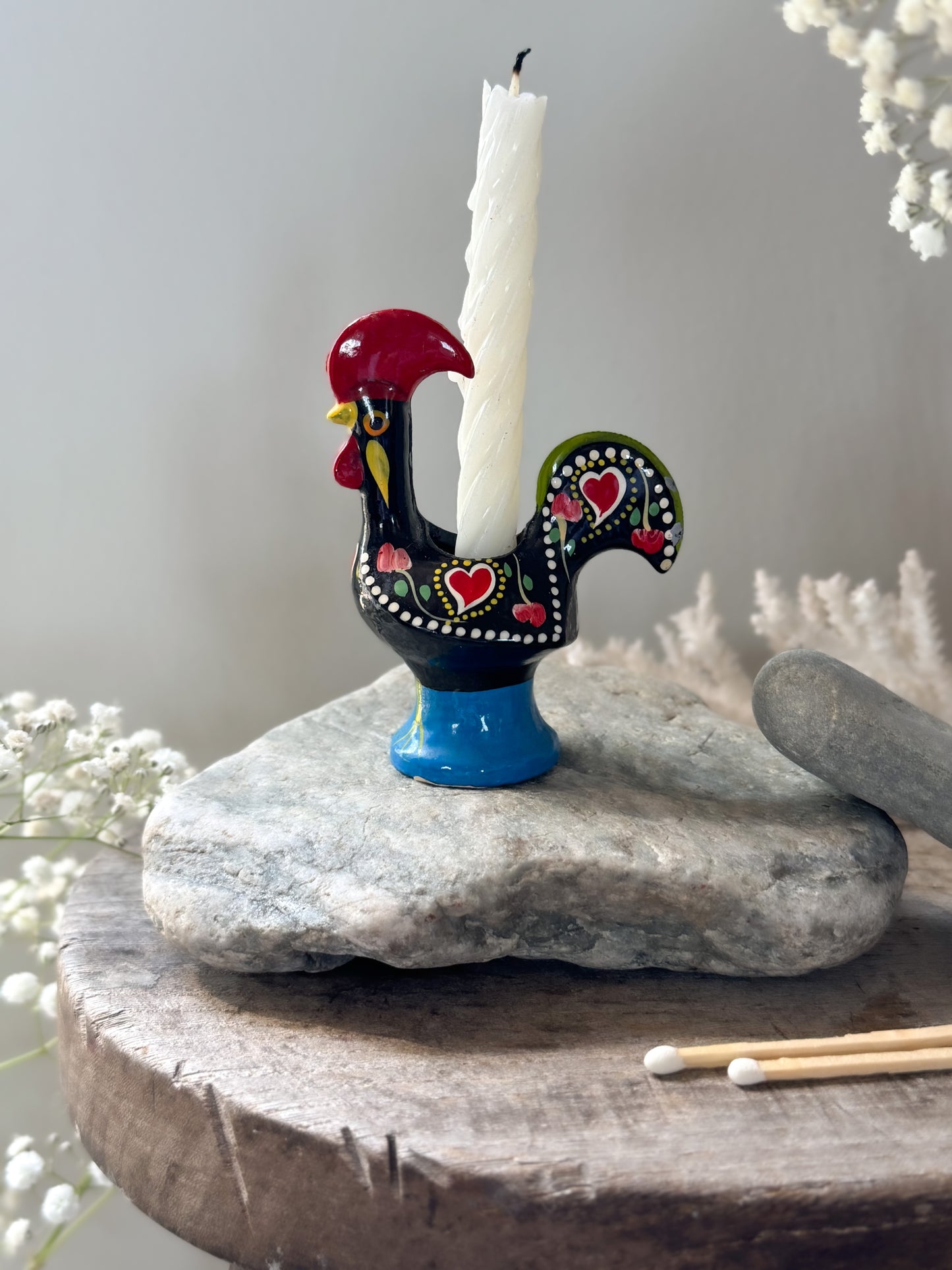 Vintage Enamel Portuguese Cockerel Pot • Match Pot, Cocktail Stick Holder