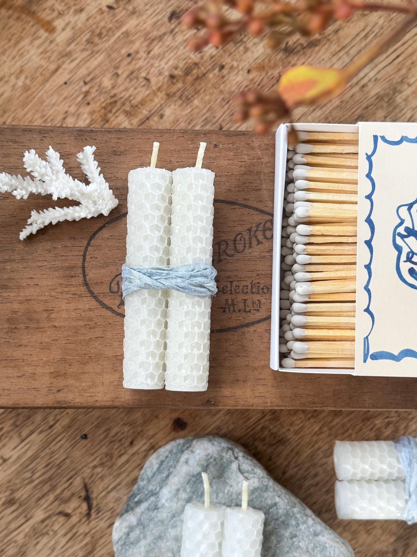 Hand-Rolled Beeswax Candle Pair with Pale Blue Ribbon