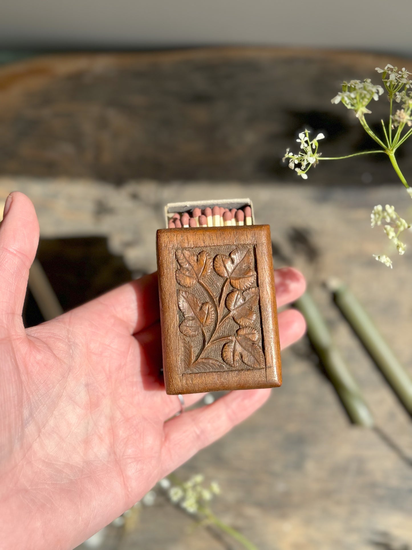 Vintage Hand-Carved Wooden Match Box Cover (With Matches)
