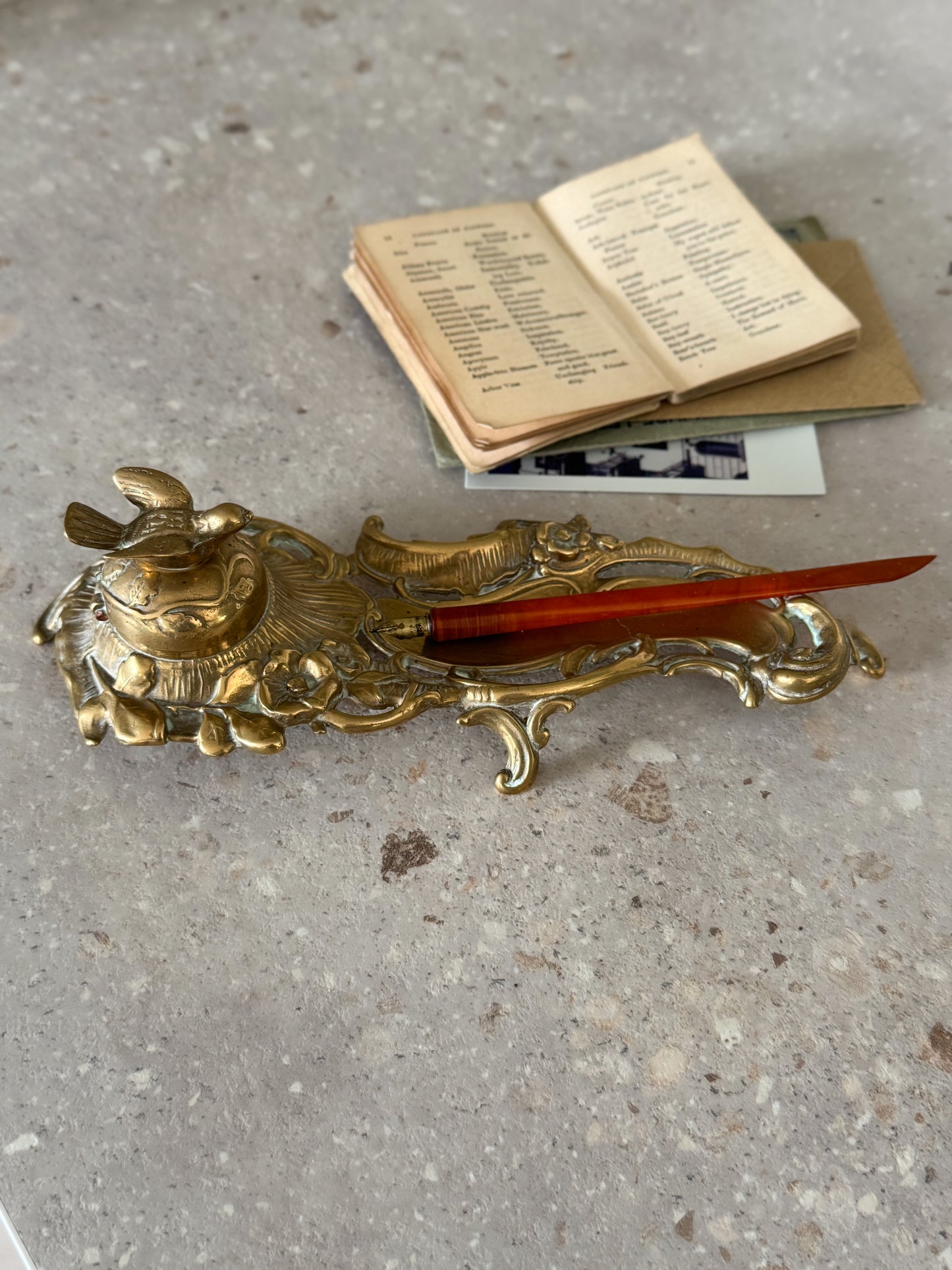 Antique Victorian Brass Inkwell with Ceramic Insert and Bird Detail