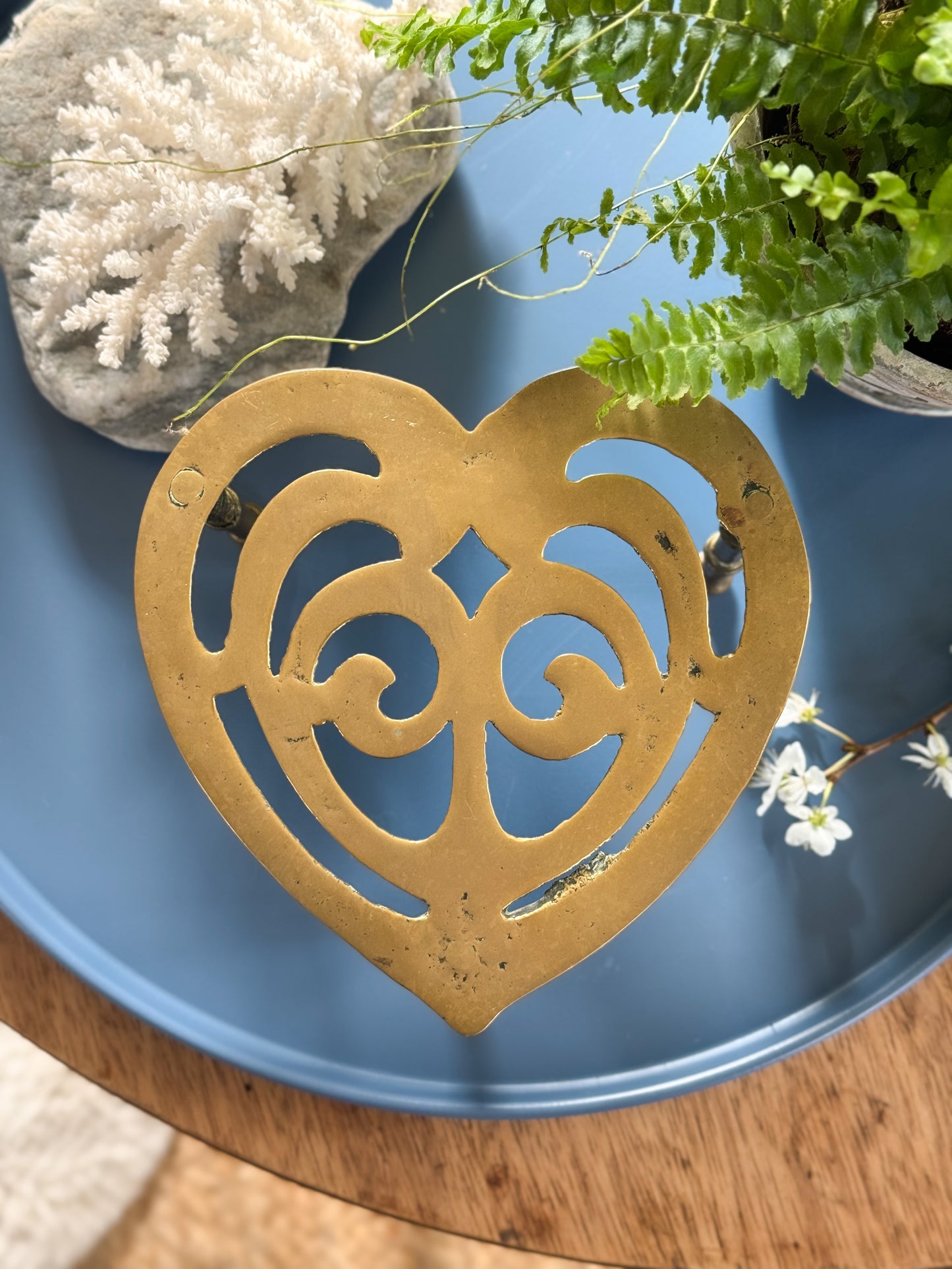Antique Victorian Heart Shaped Brass Trivet