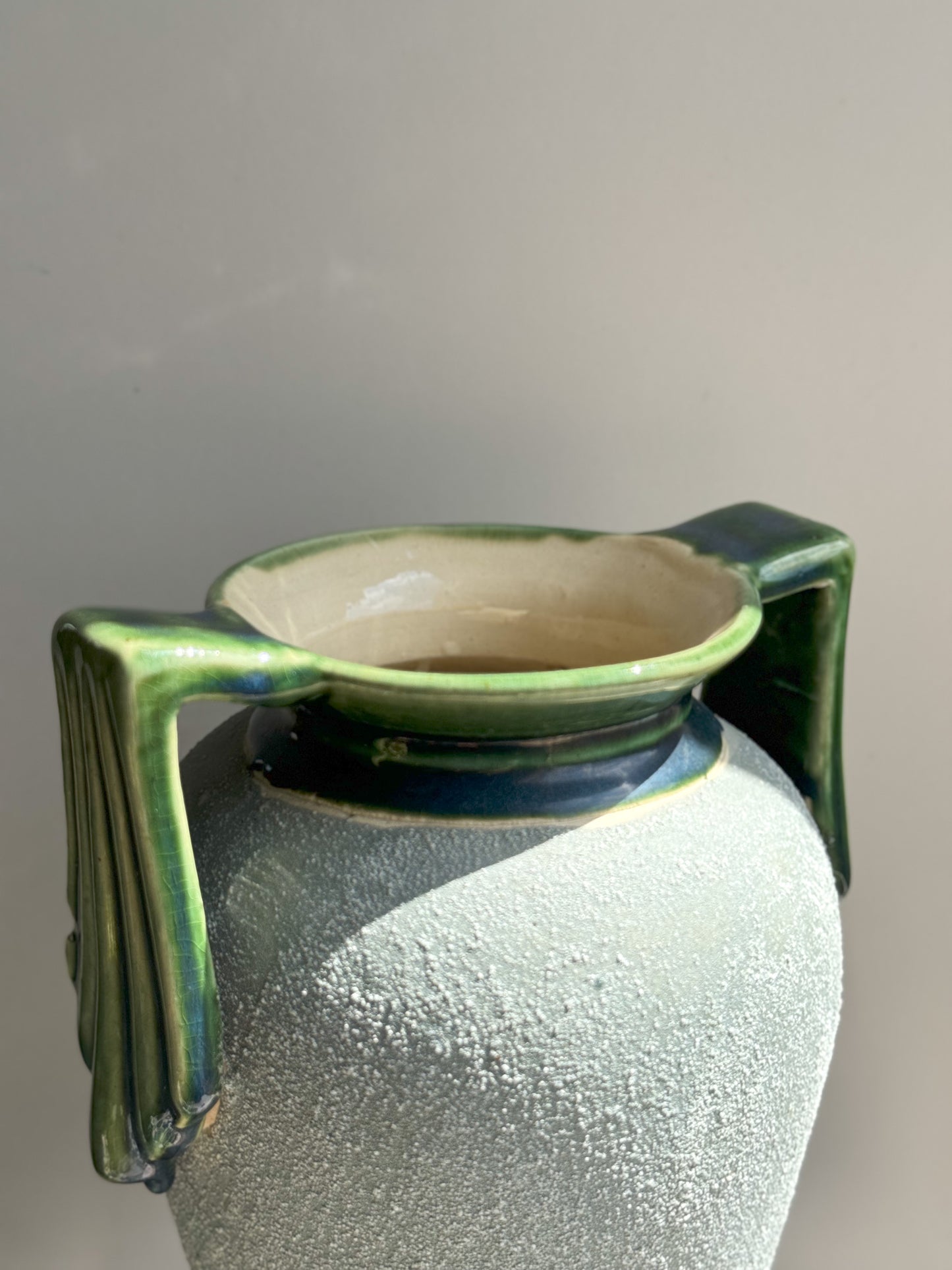 Large Art Deco Grey Sand Glaze Vase with Green Glazed Details