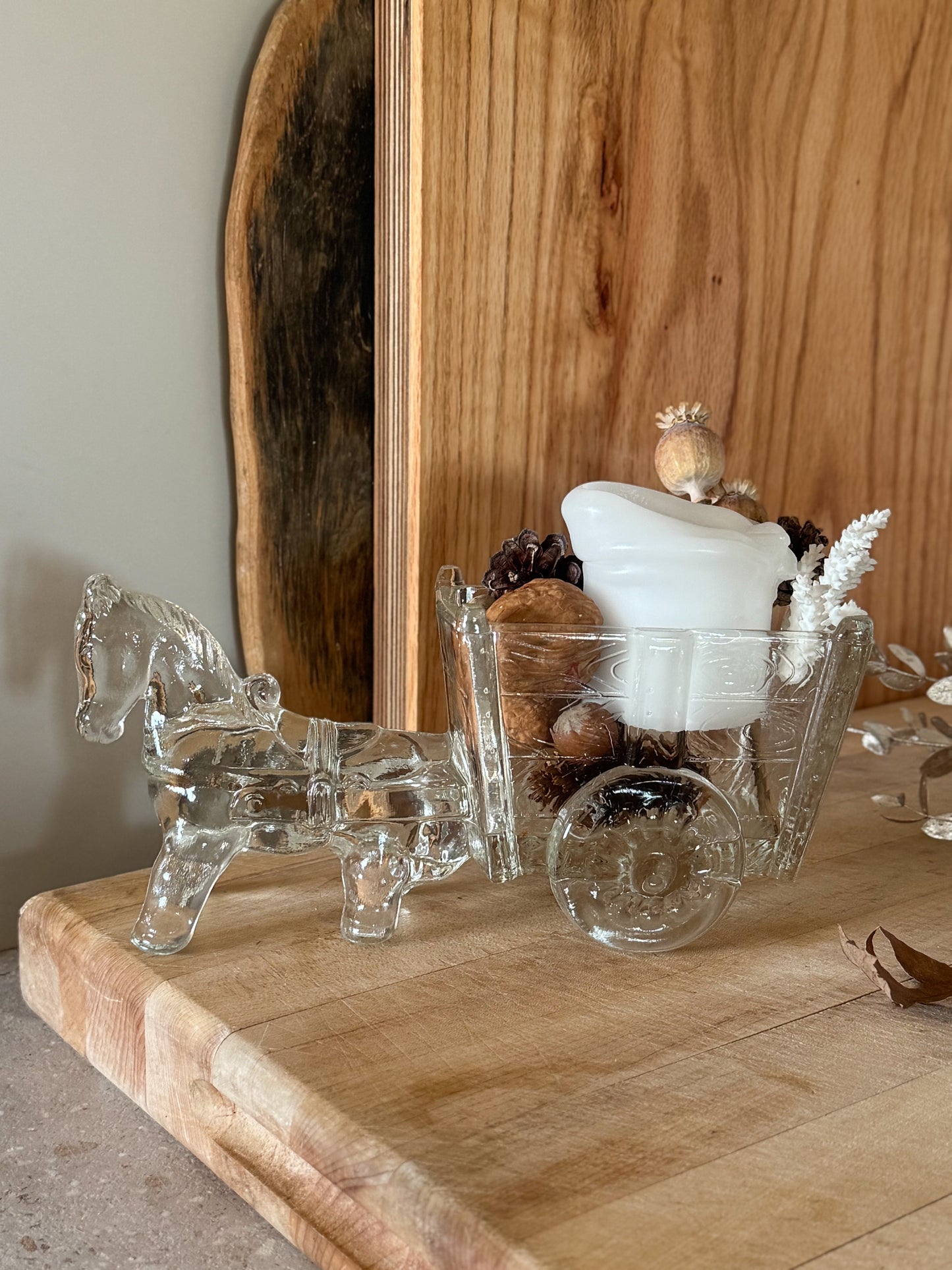 Vintage Midcentury Scandinavian Glass Horse and Cart