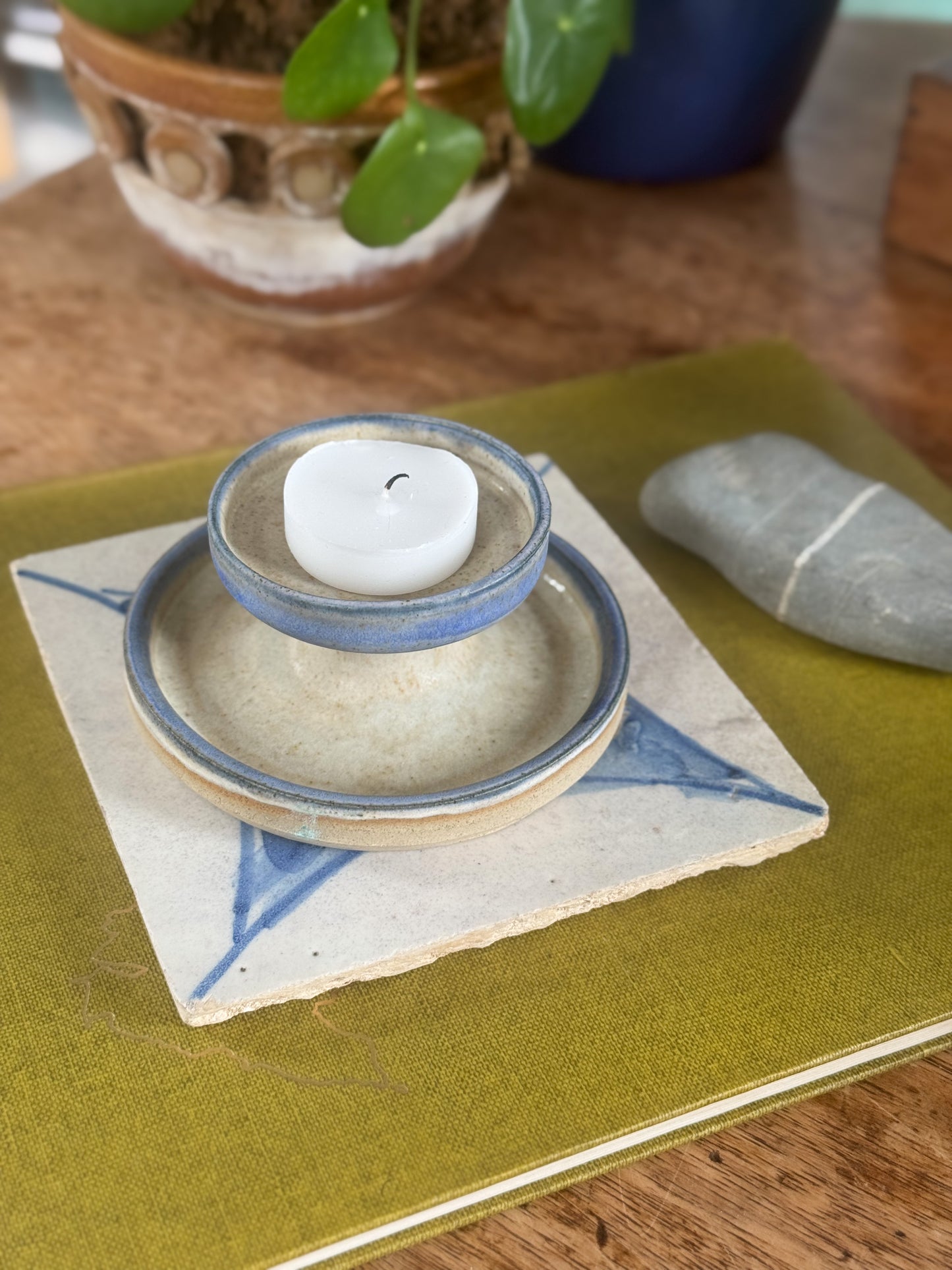 Vintage Blue & Oat Speckled Studio Pottery Tealight Holder