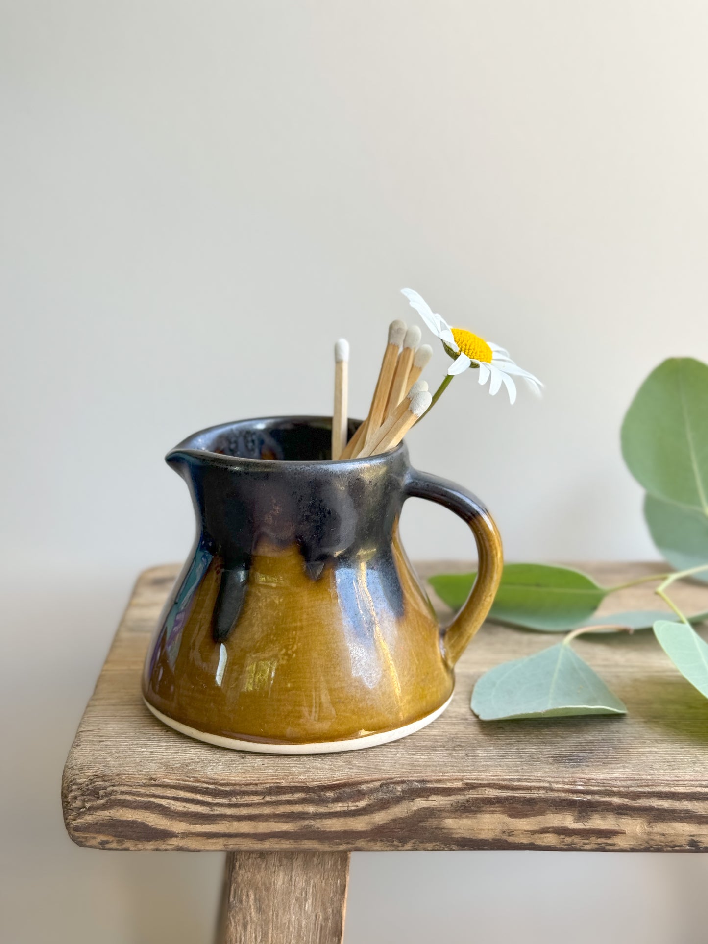 Vintage Welsh Studio Pottery Beddgelert Brown Drip Glaze Creamer