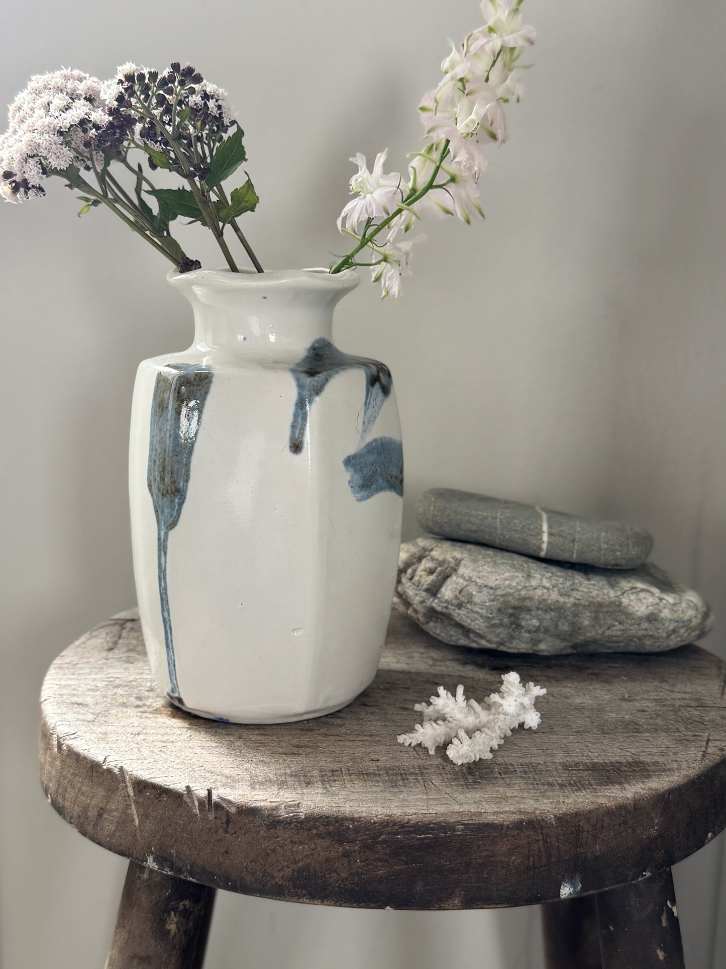 Vintage Studio Pottery Vase with Watercolour Blue Brushwork & Ruffled Rim