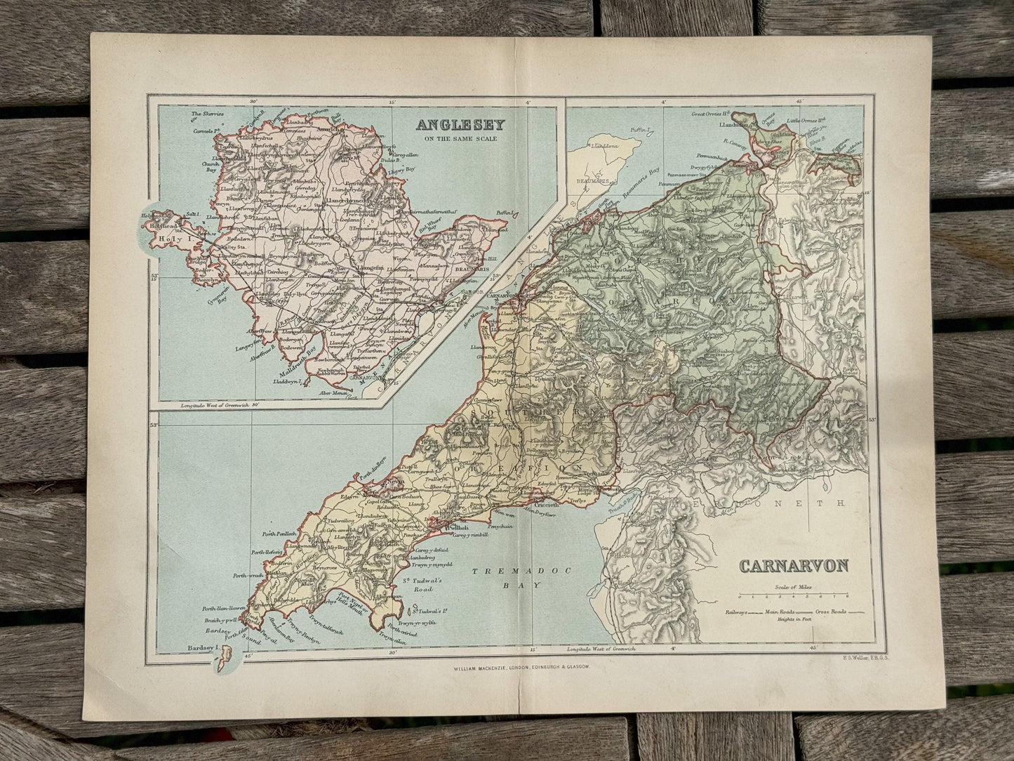 Antique 1894 Engraving • Map of Anglesey and Caernavon, by F.S.Weller 32cm x 26cm