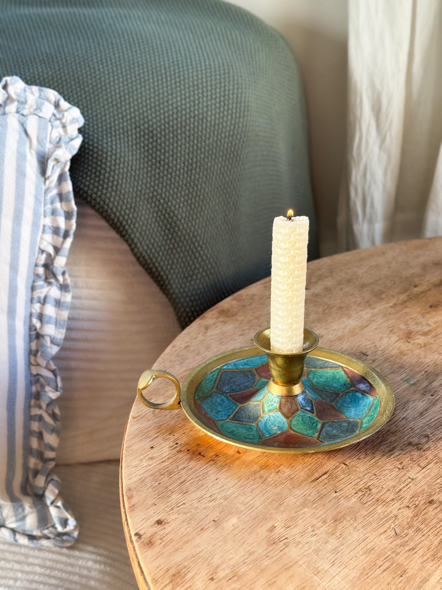 Vintage Solid Brass Enamel Chamberstick with Geometric Design