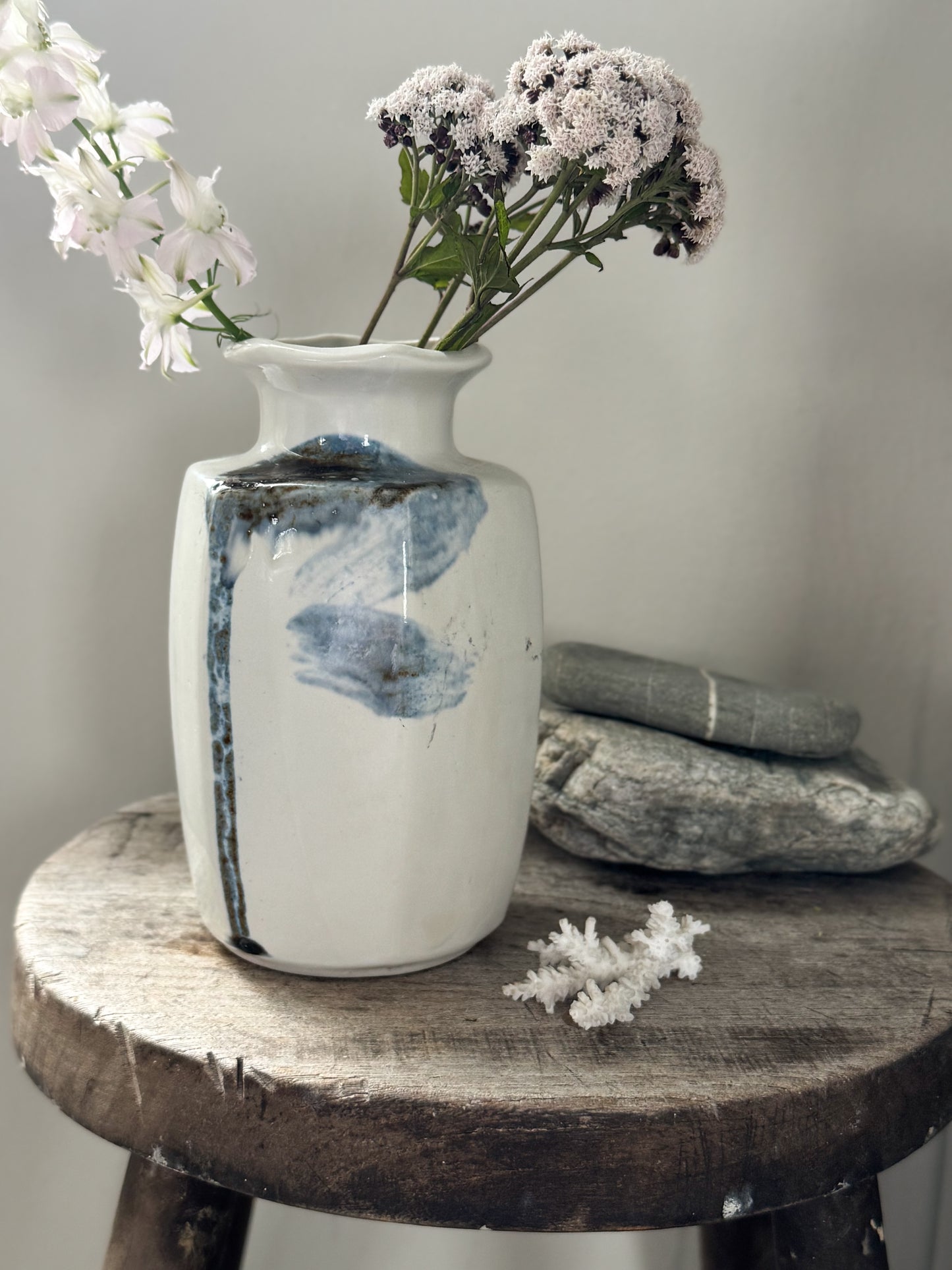 Vintage Studio Pottery Vase with Watercolour Blue Brushwork & Ruffled Rim