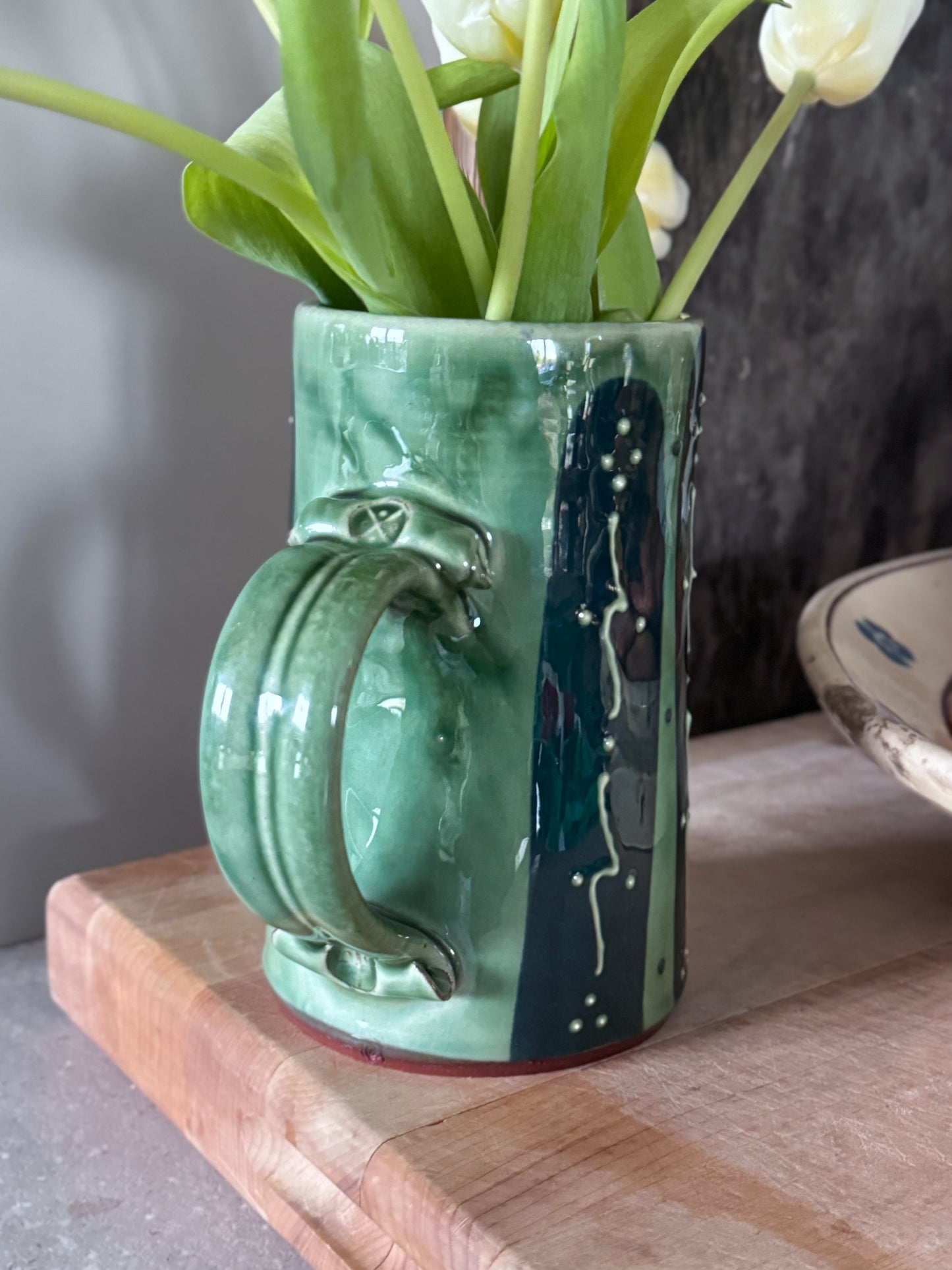 Incredible Vintage Slipware Studio Pottery Tankard - Celadon Green & Deep Blue Glaze, Impressed Seal Marks